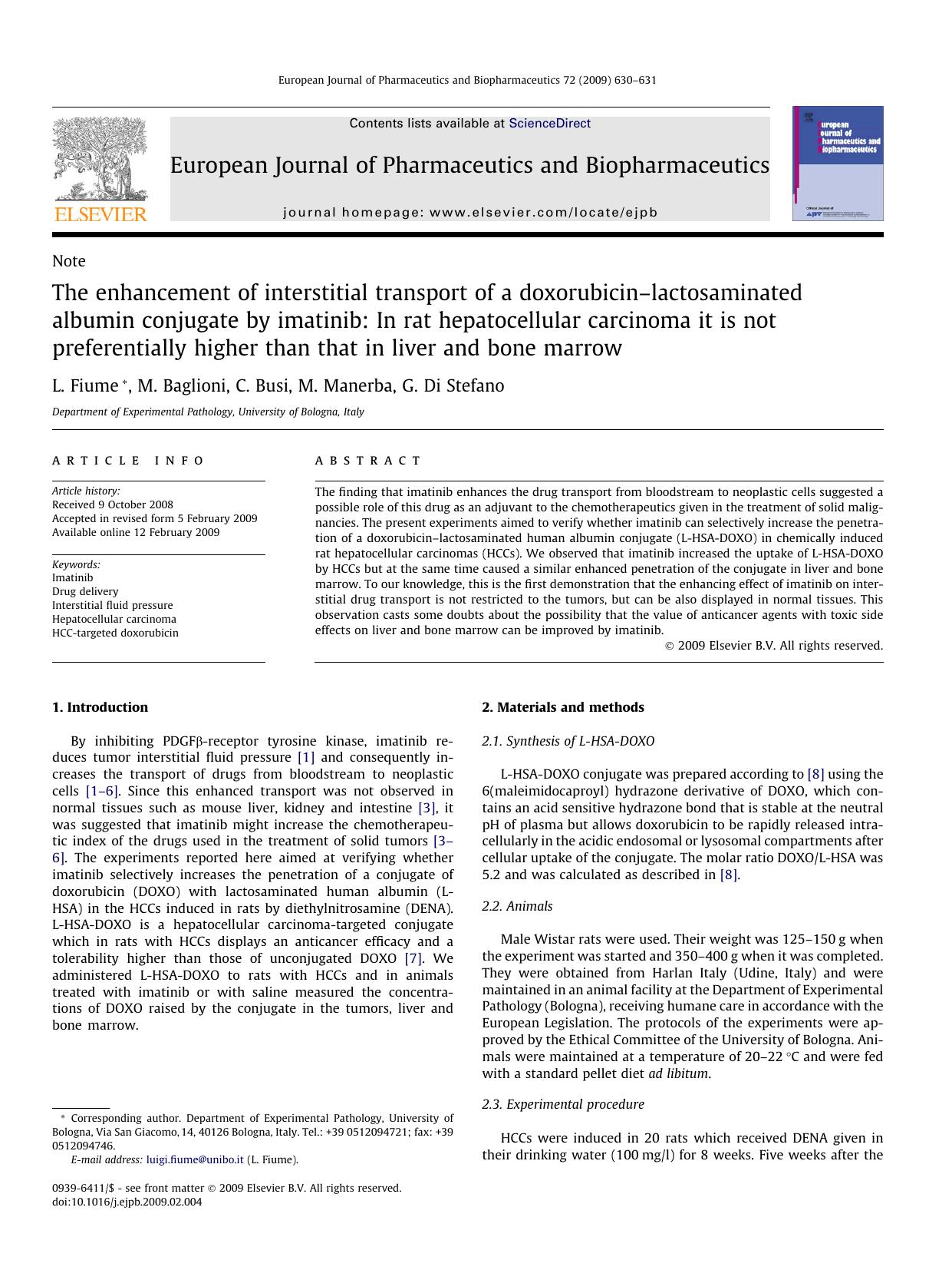 The enhancement of interstitial transport of a doxorubicinâlactosaminated albumin conjugate by imatinib: In rat hepatocellular carcinoma it is not preferentially higher than that by L. Fiume; M. Baglioni; C. Busi; M. Manerba; G. Di Stefano