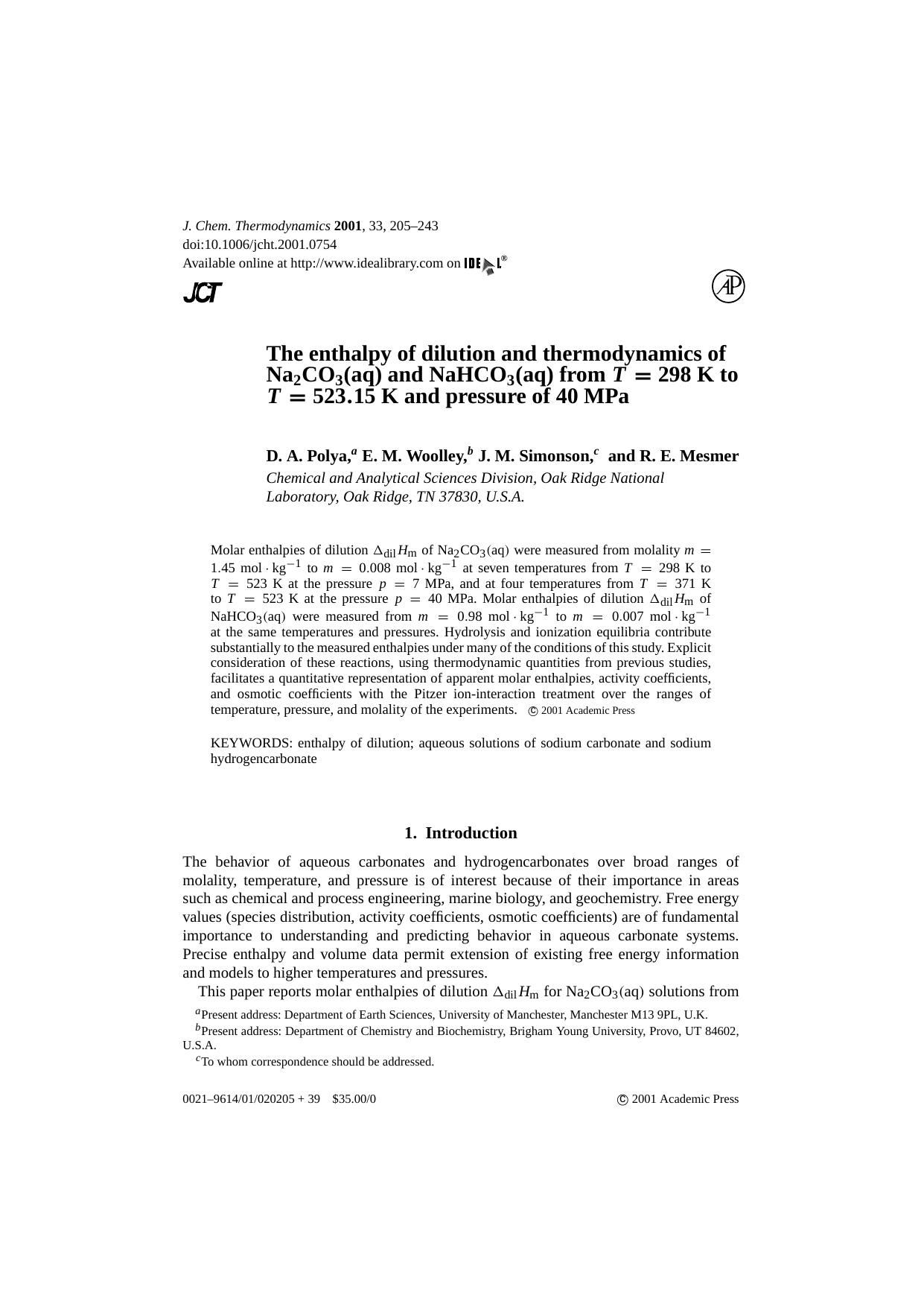 The enthalpy of dilution and thermodynamics of Na_2CO_3(aq) and NaHCO_3(aq) from T = 298 K to T = 523.15 K and pressure of 40 MPa by D. A. Polya et al