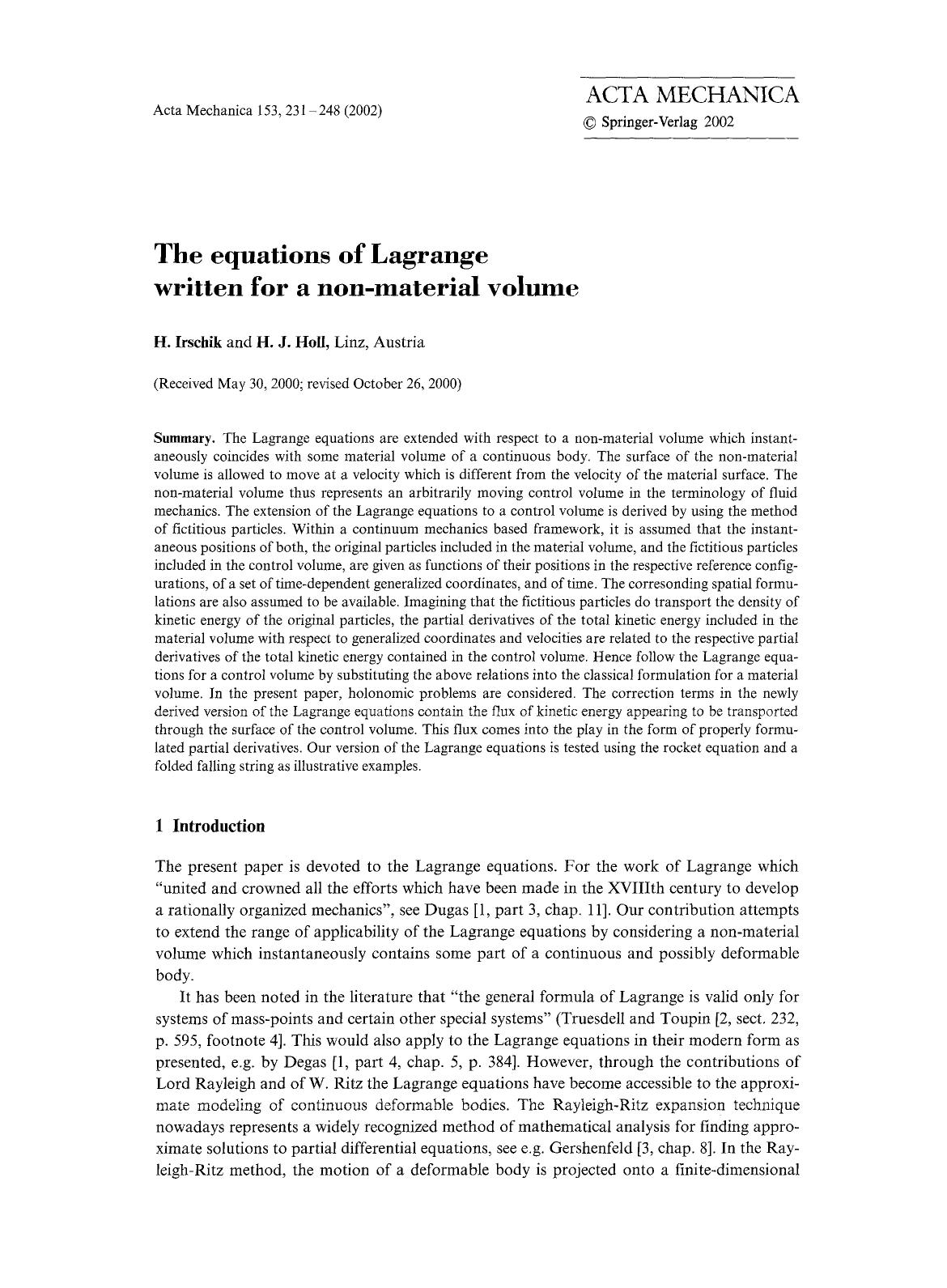 The equations of Lagrange written for a non-material volume by Unknown