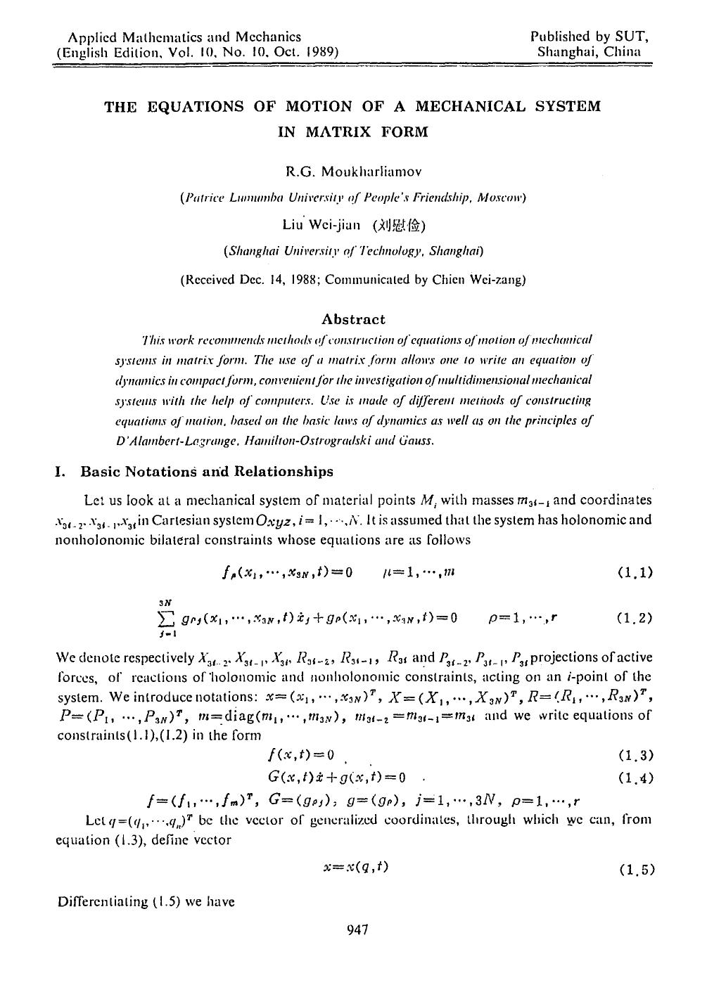 The equations of motion of a mechanical system in matrix form by Unknown