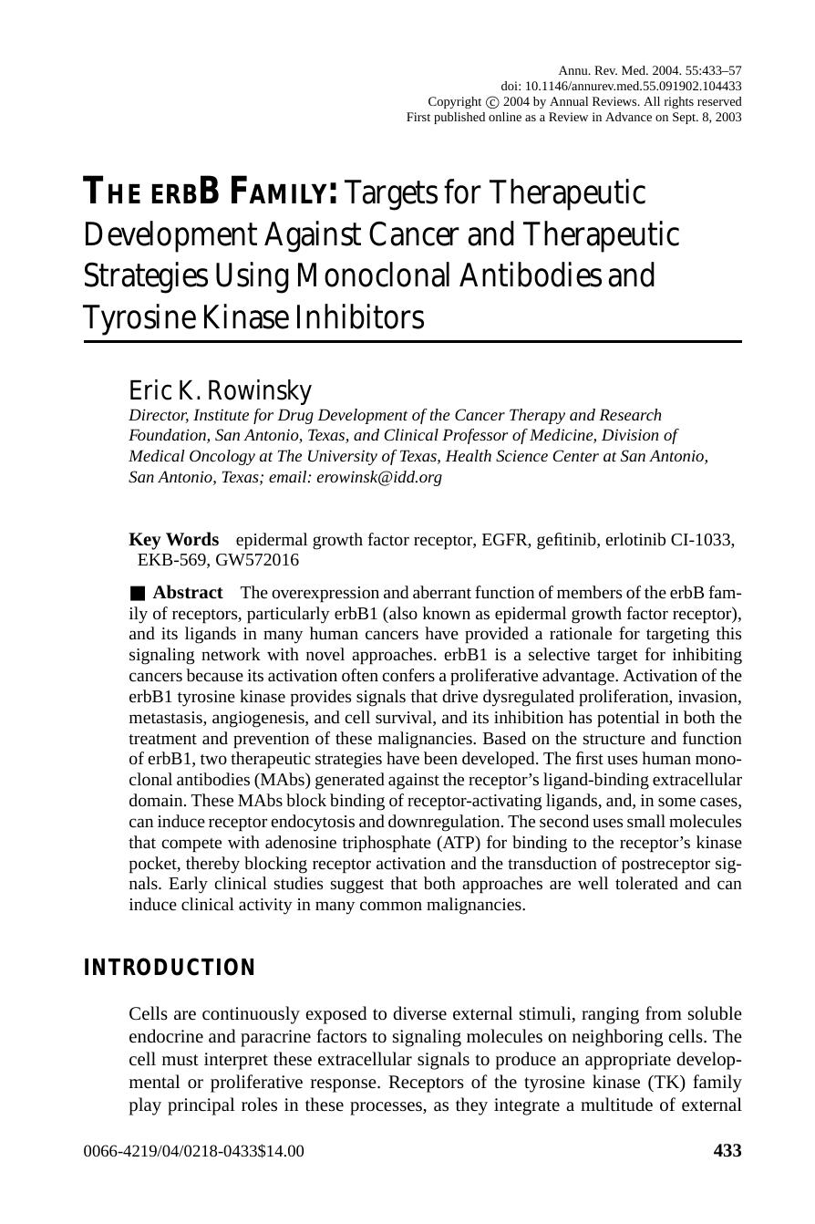 The erbB Family: Targets for Therapeutic Development Against Cancer and Therapeutic Strategies Using Monoclonal Antibodies and Tyrosine Kinase Inhibitors by Eric K. Rowinsky