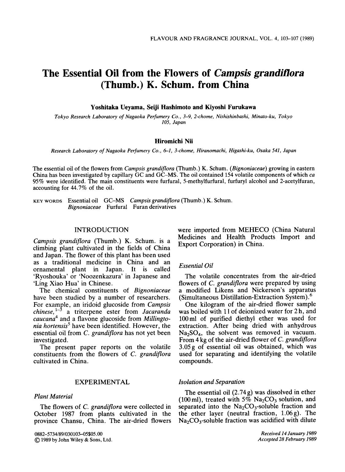 The essential oil from the flowers of Campsis grandiflora (Thumb.) K. Schum. from China by Unknown