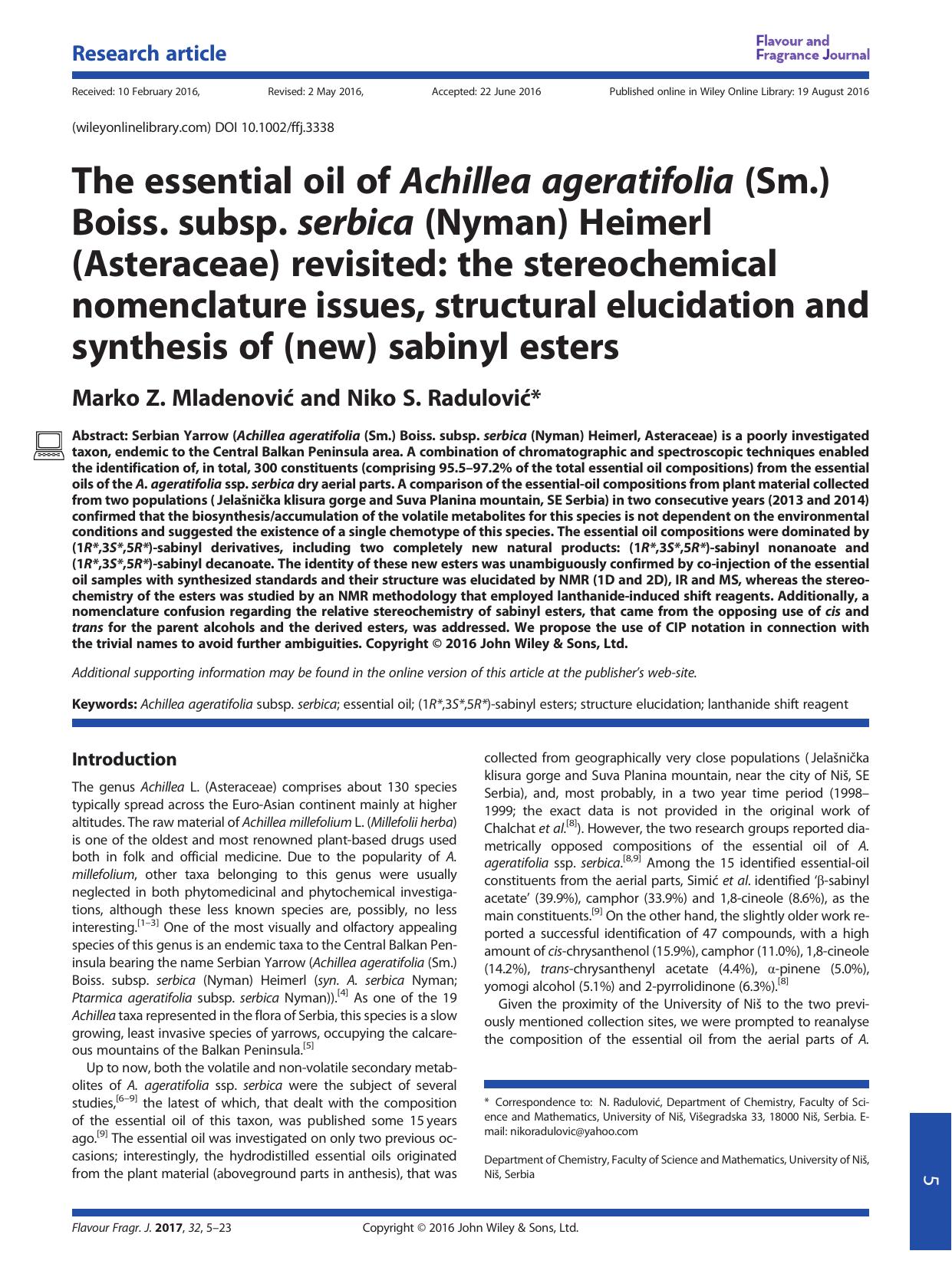 The essential oil of Achillea ageratifolia (Sm.) Boiss. subsp. serbica (Nyman) Heimerl (Asteraceae) revisited: the stereochemical nomenclature issues, structural elucidation and sy by Marko Z. Mladenović & Niko S. Radulović