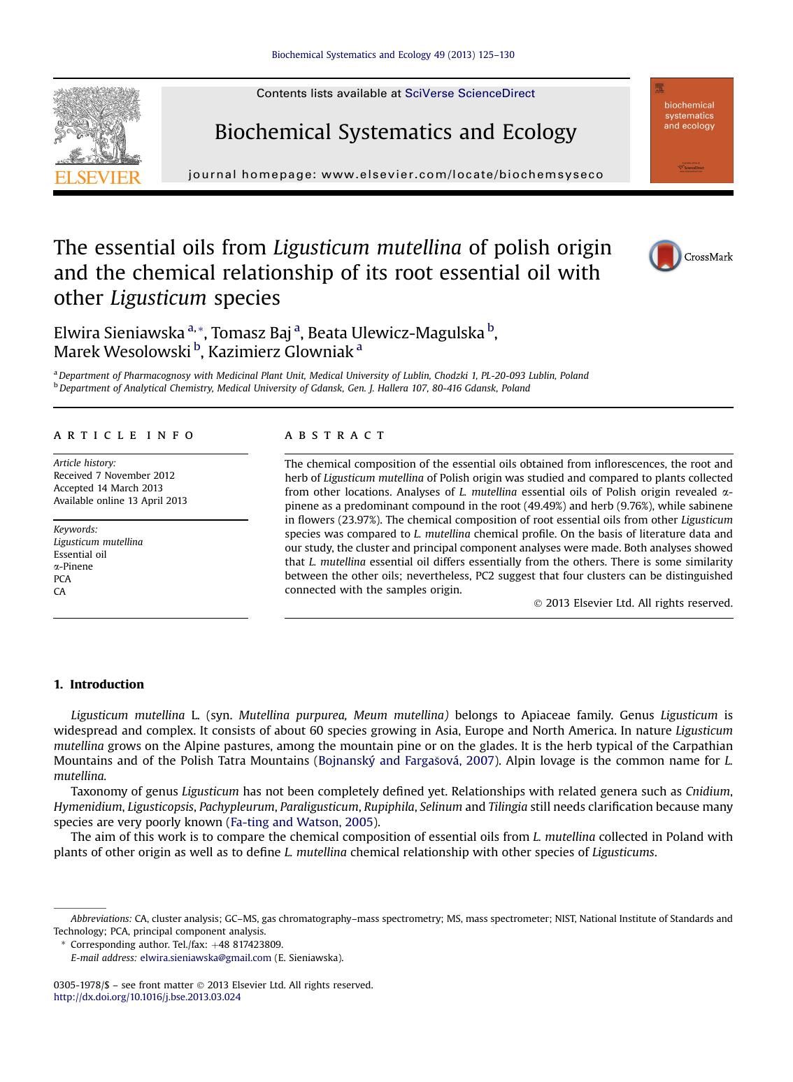 The essential oils from Ligusticum mutellina of polish origin and the chemical relationship of its root essential oil with other Ligusticum species by Elwira Sieniawska & Tomasz Baj & Beata Ulewicz-Magulska & Marek Wesolowski & Kazimierz Glowniak