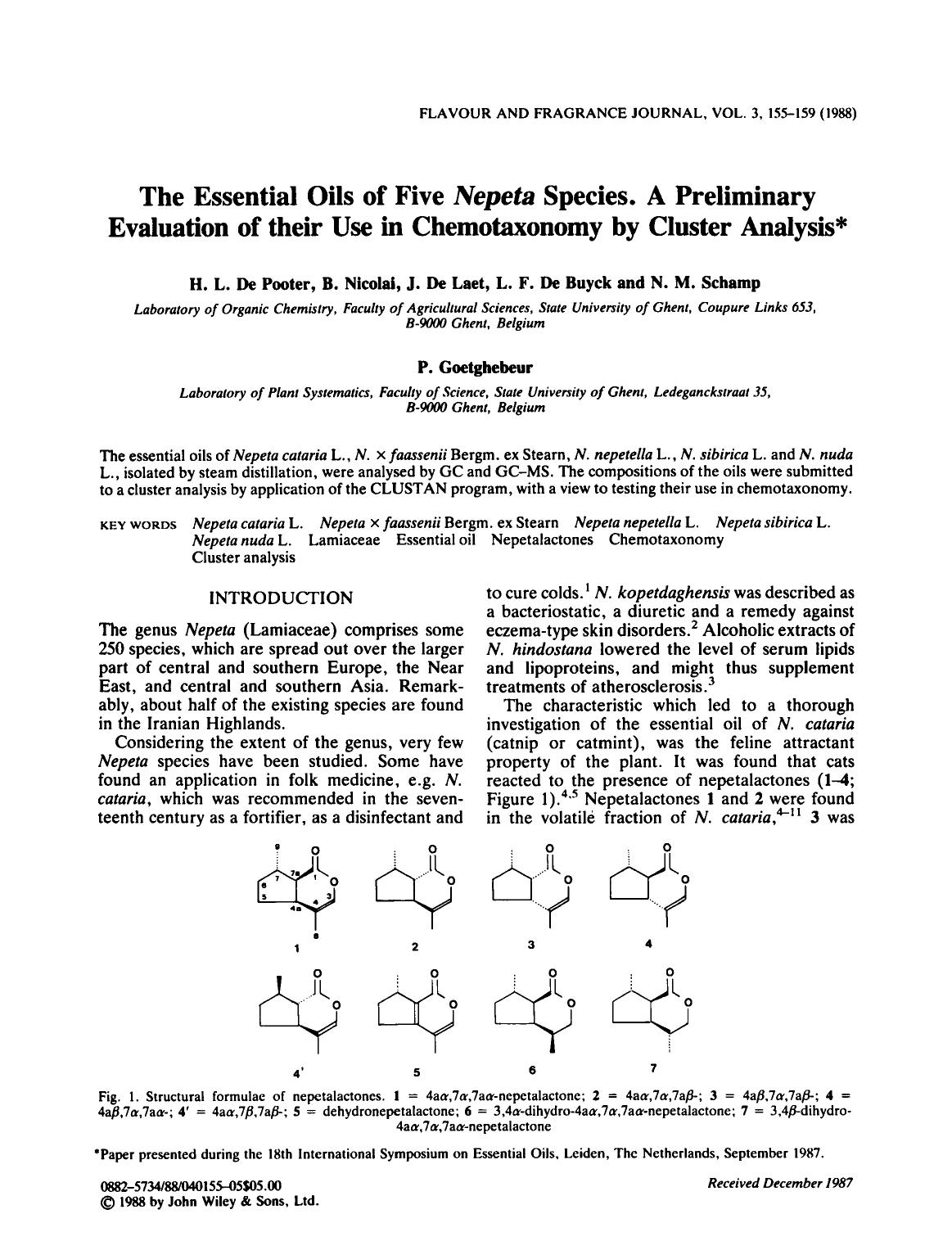 The essential oils of five Nepeta Species. A preliminary evaluation of their use in chemotaxonomy by cluster analysis by Unknown