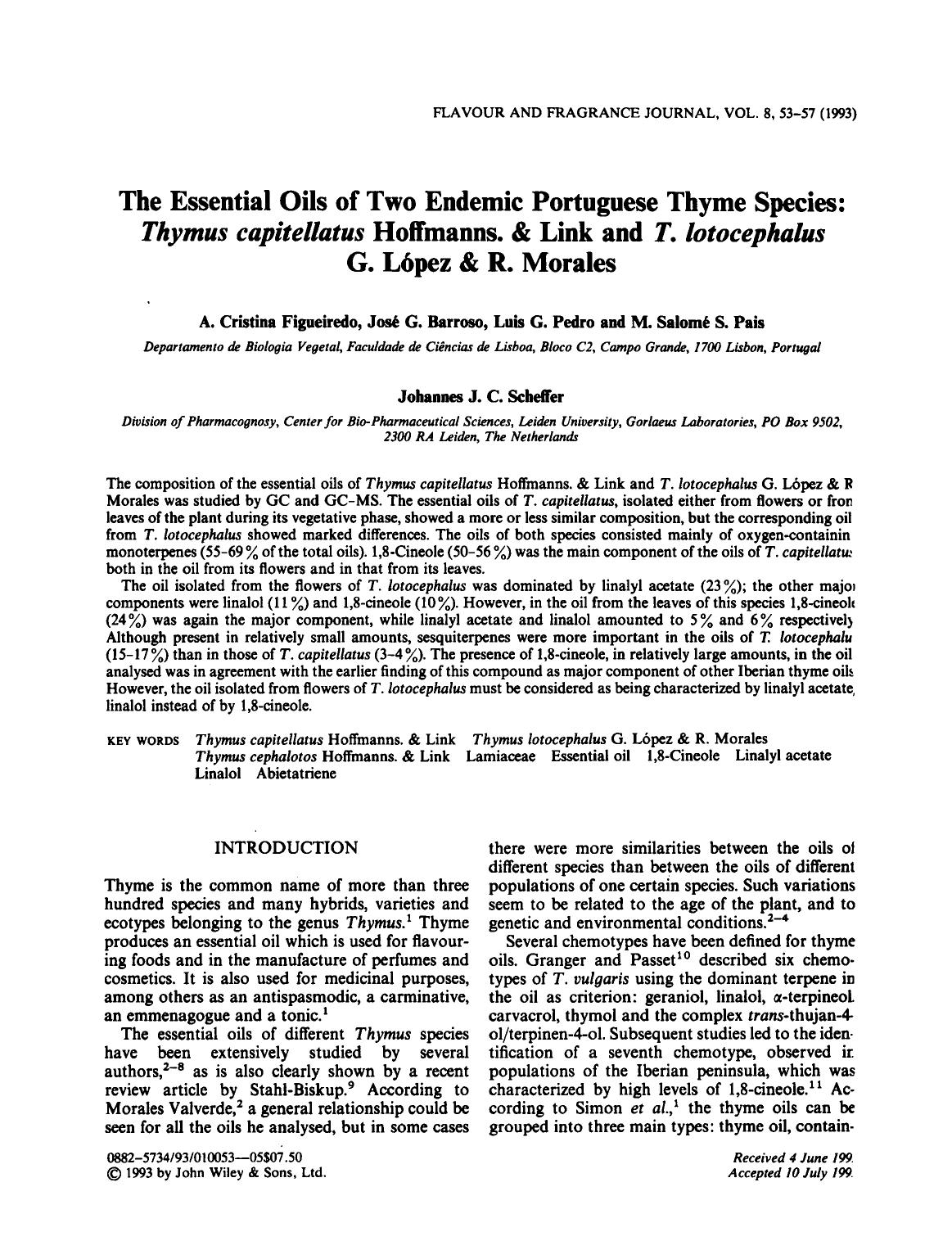 The essential oils of two endemic Portuguese thyme species: Thymus capitellatus Hoffmanns. & Link and T. lotocephalus G. LÃ³pez & R. Morales by Unknown