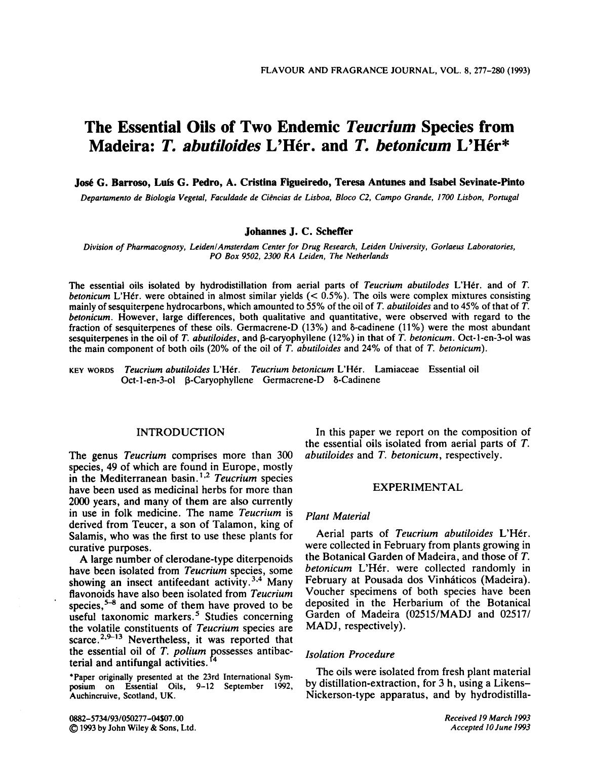 The essential oils of two endemic Teucrium species from Madeira: T. abutiloides L'HÃ©r. and T. betonicum L'HÃ©r by Unknown