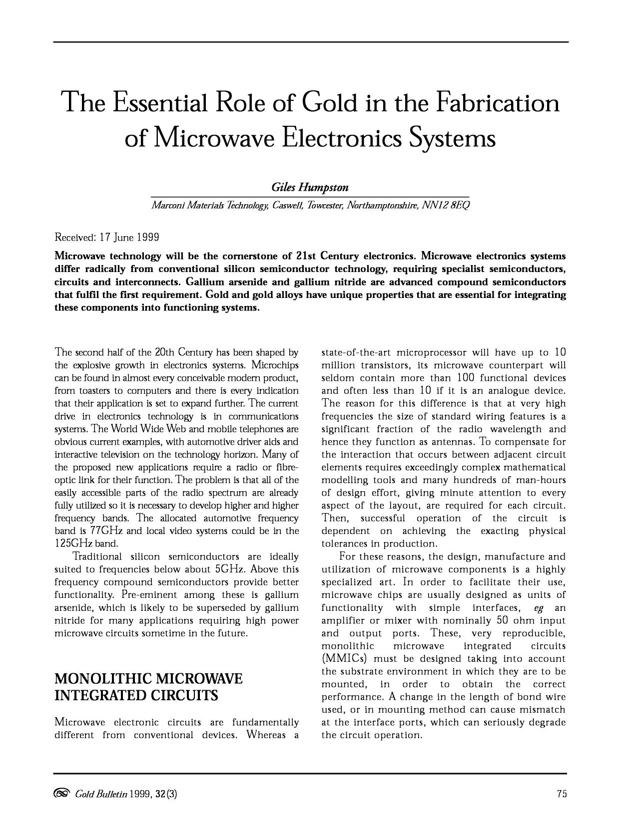 The essential role of gold in the fabrication of microwave electronics systems by Unknown