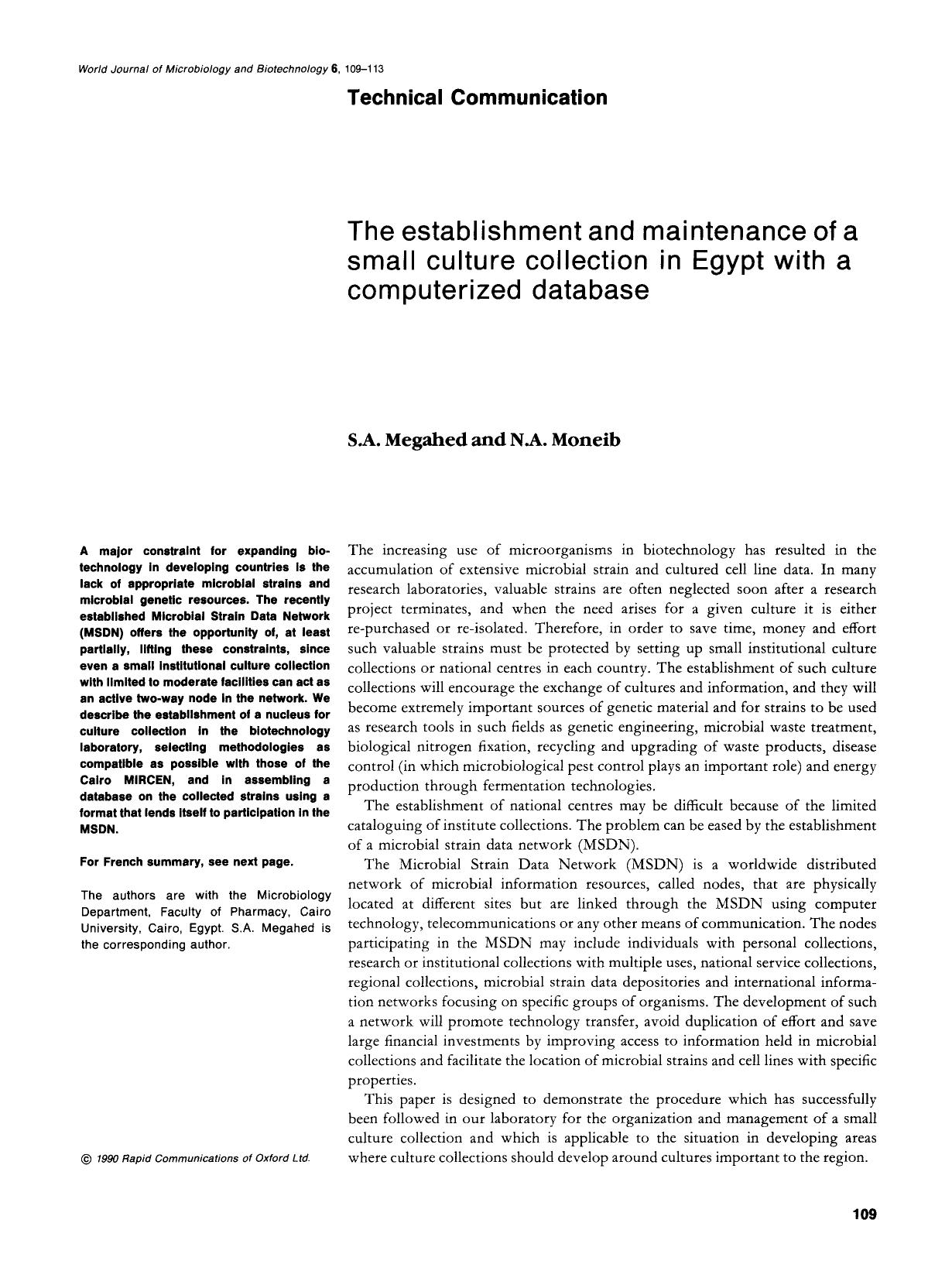 The establishment and maintenance of a small culture collection in Egypt with a computerized database by Unknown