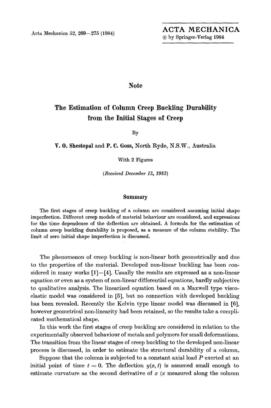 The estimation of column creep buckling durability from the initial stages of creep by Unknown