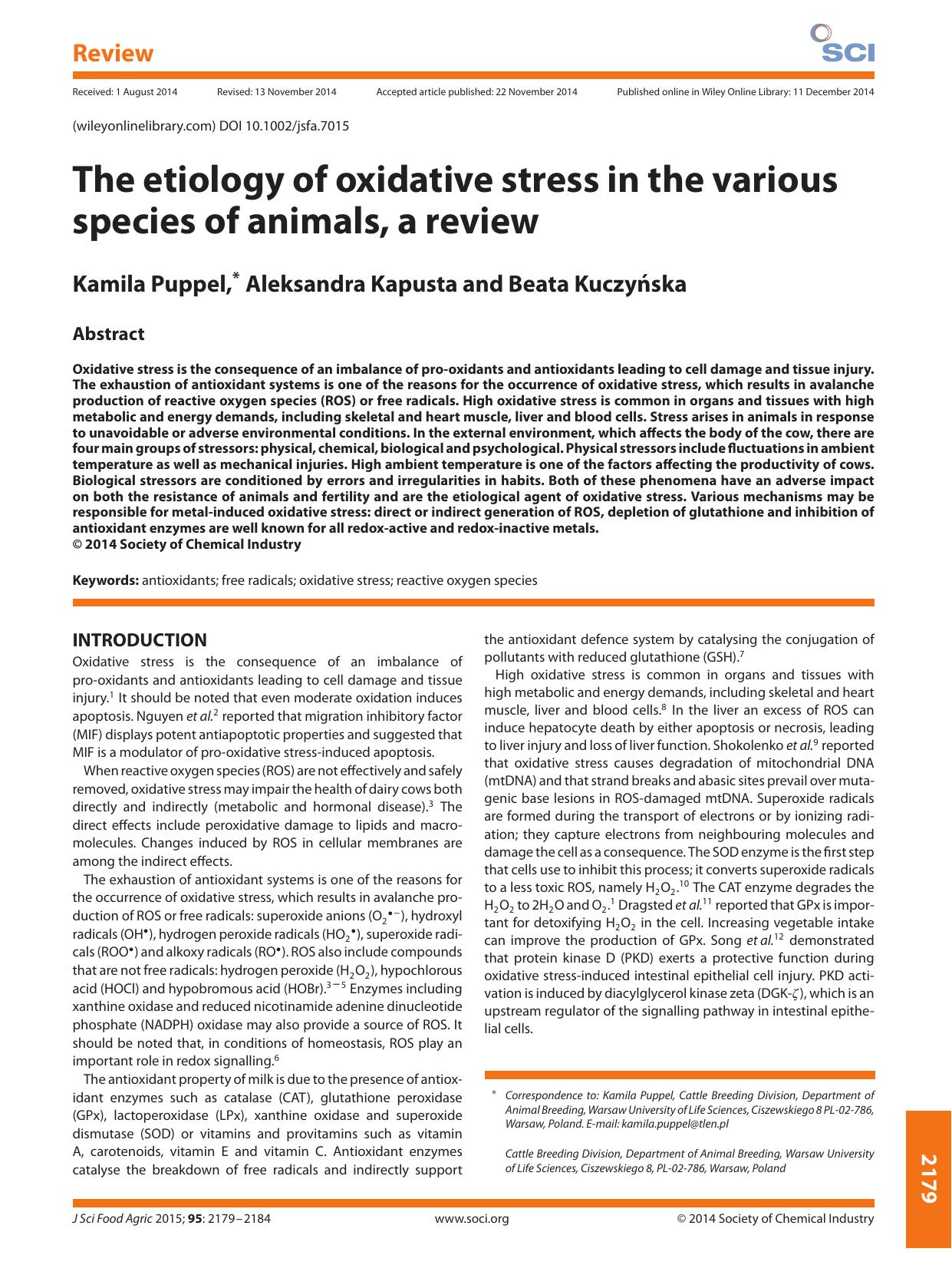 The etiology of oxidative stress in the various species of animals, a review by Unknown