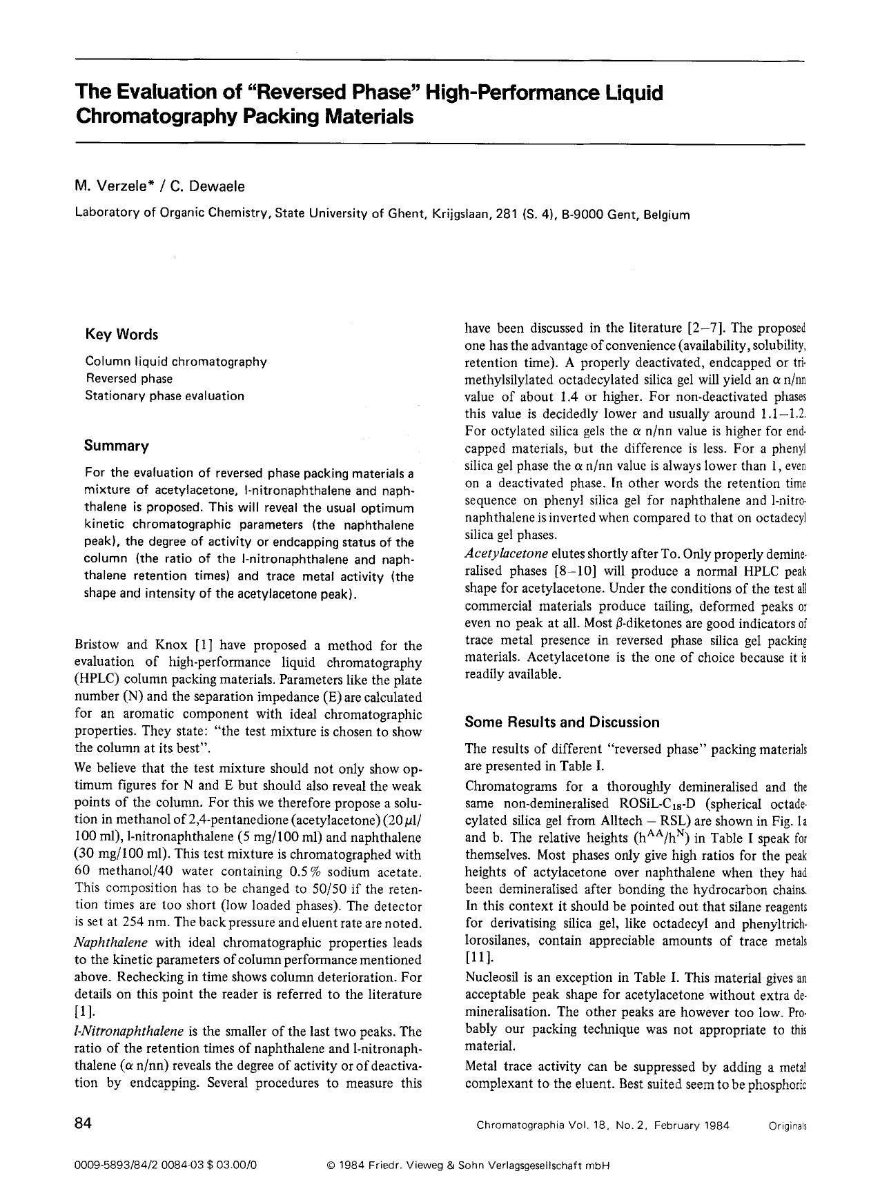 The evaluation of “reversed phase” high-performance liquid chromatography packing materials by Unknown