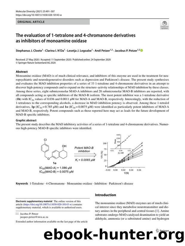 The evaluation of 1-tetralone and 4-chromanone derivatives as inhibitors of monoamine oxidase by Stephanus J. Cloete & Clarina I. N’Da & Lesetja J. Legoabe & Anél Petzer & Jacobus P. Petzer