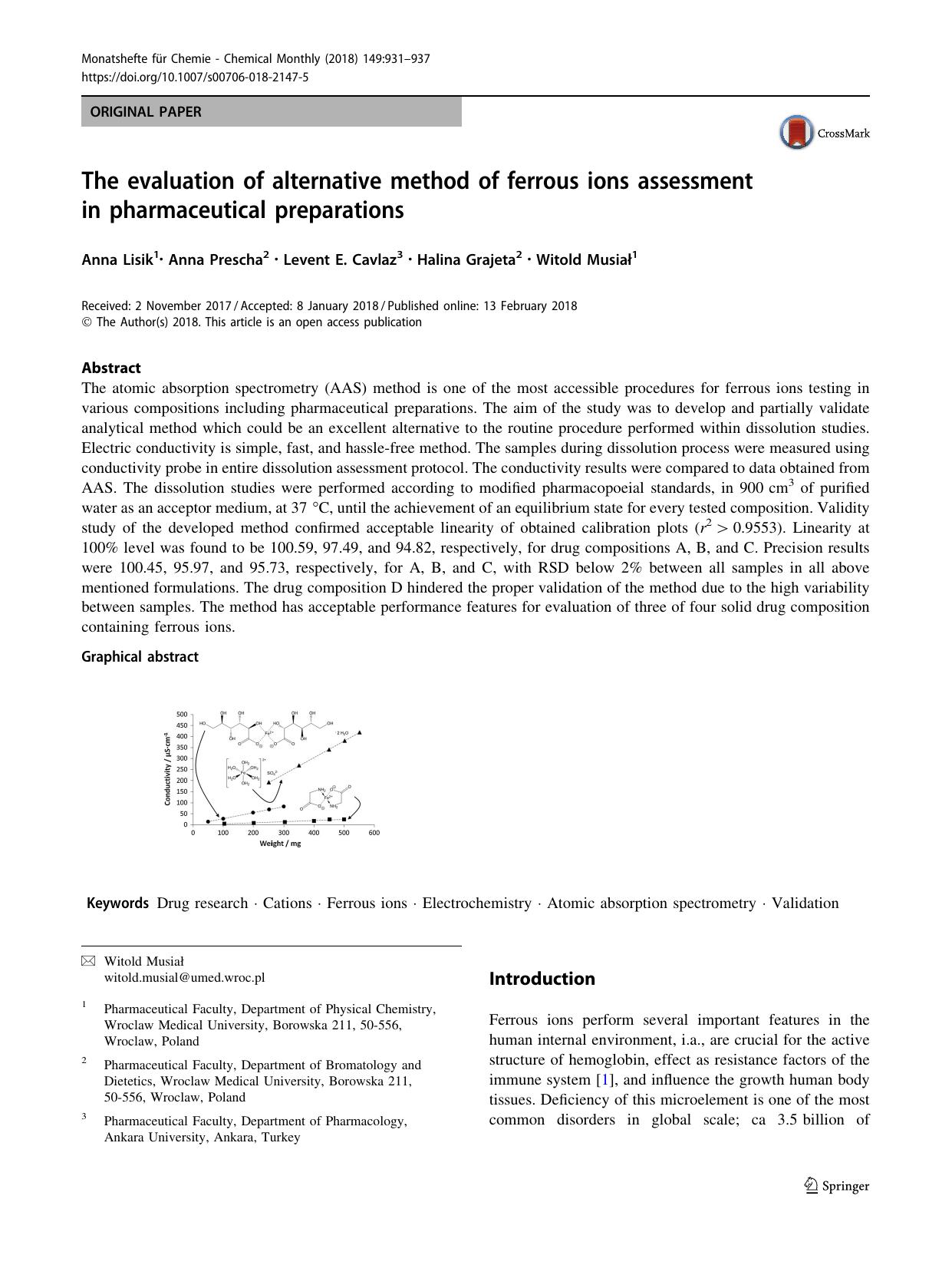 The evaluation of alternative method of ferrous ions assessment in pharmaceutical preparations by Anna Lisik & Anna Prescha & Levent E. Cavlaz & Halina Grajeta & Witold Musiał
