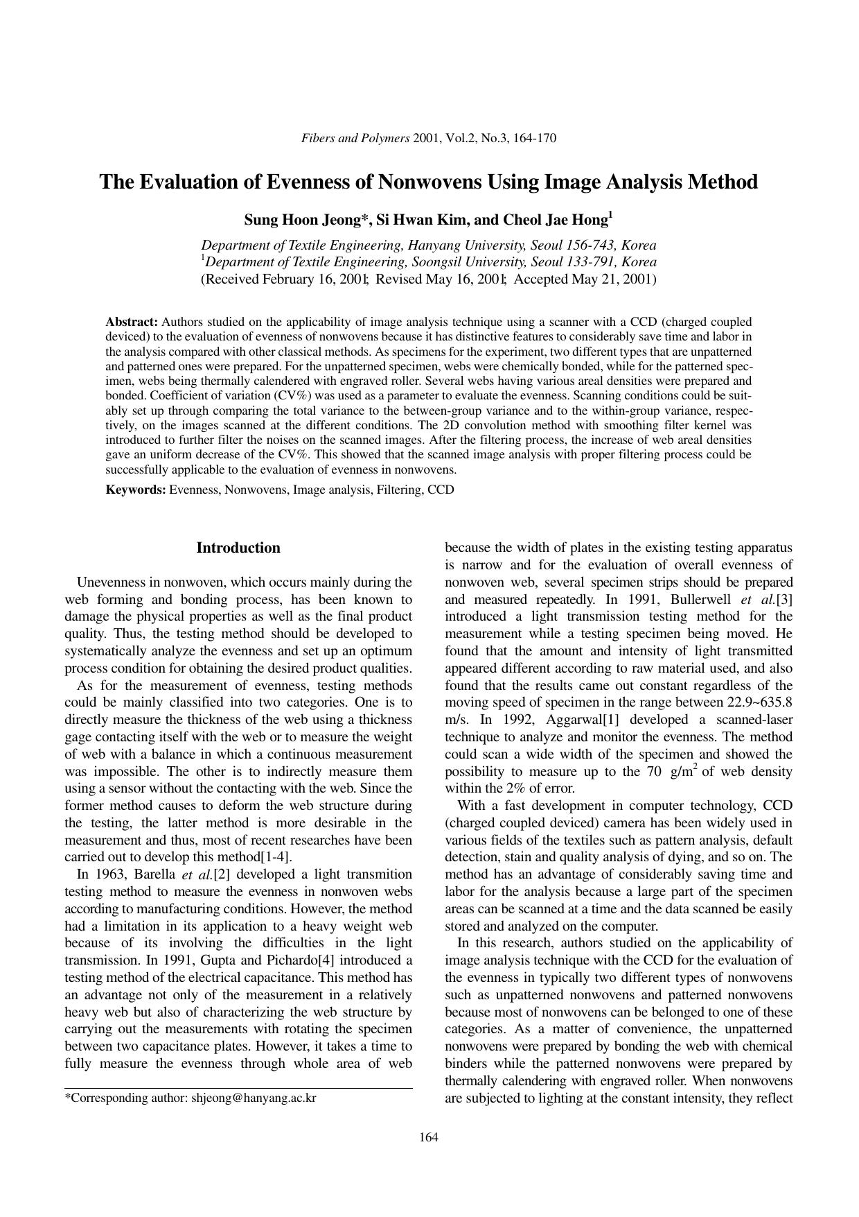 The evaluation of evenness of nonwovens using image analysis method by Unknown