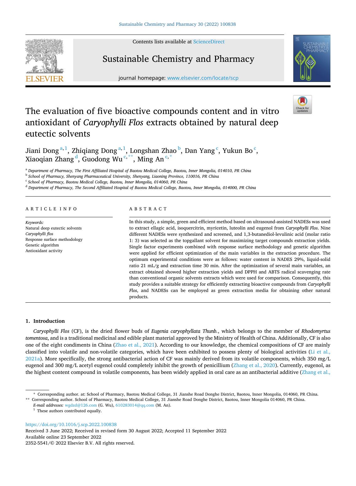 The evaluation of five bioactive compounds content and in vitro antioxidant of Caryophylli Flos extracts obtained by natural deep eutectic solvents by unknow
