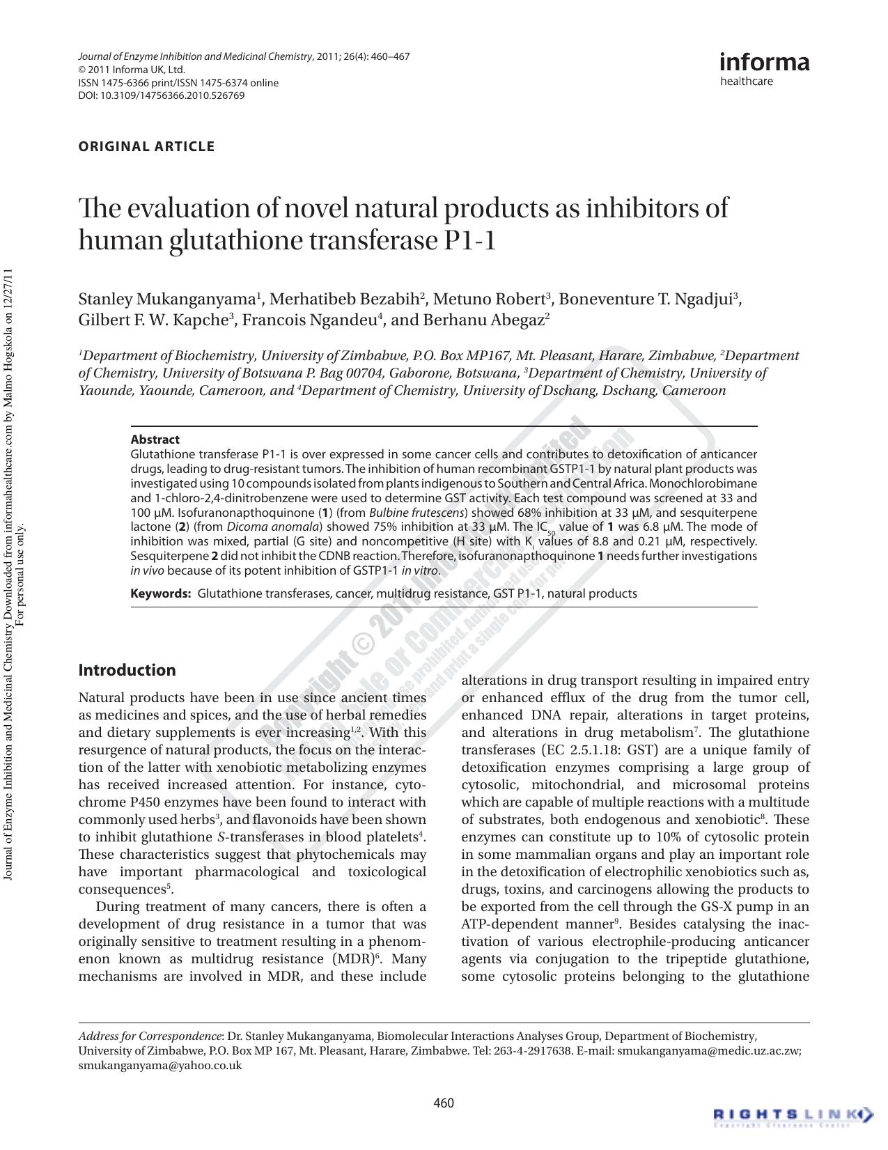 The evaluation of novel natural products as inhibitors of human glutathione transferase P1-1 by unknow