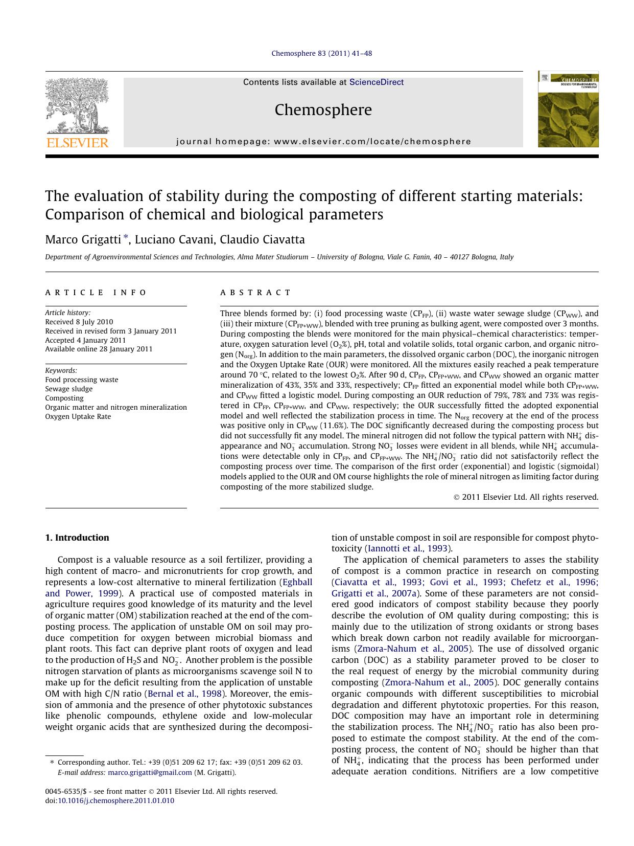 The evaluation of stability during the composting of different starting materials: Comparison of chemical and biological parameters by Marco Grigatti & Luciano Cavani & Claudio Ciavatta