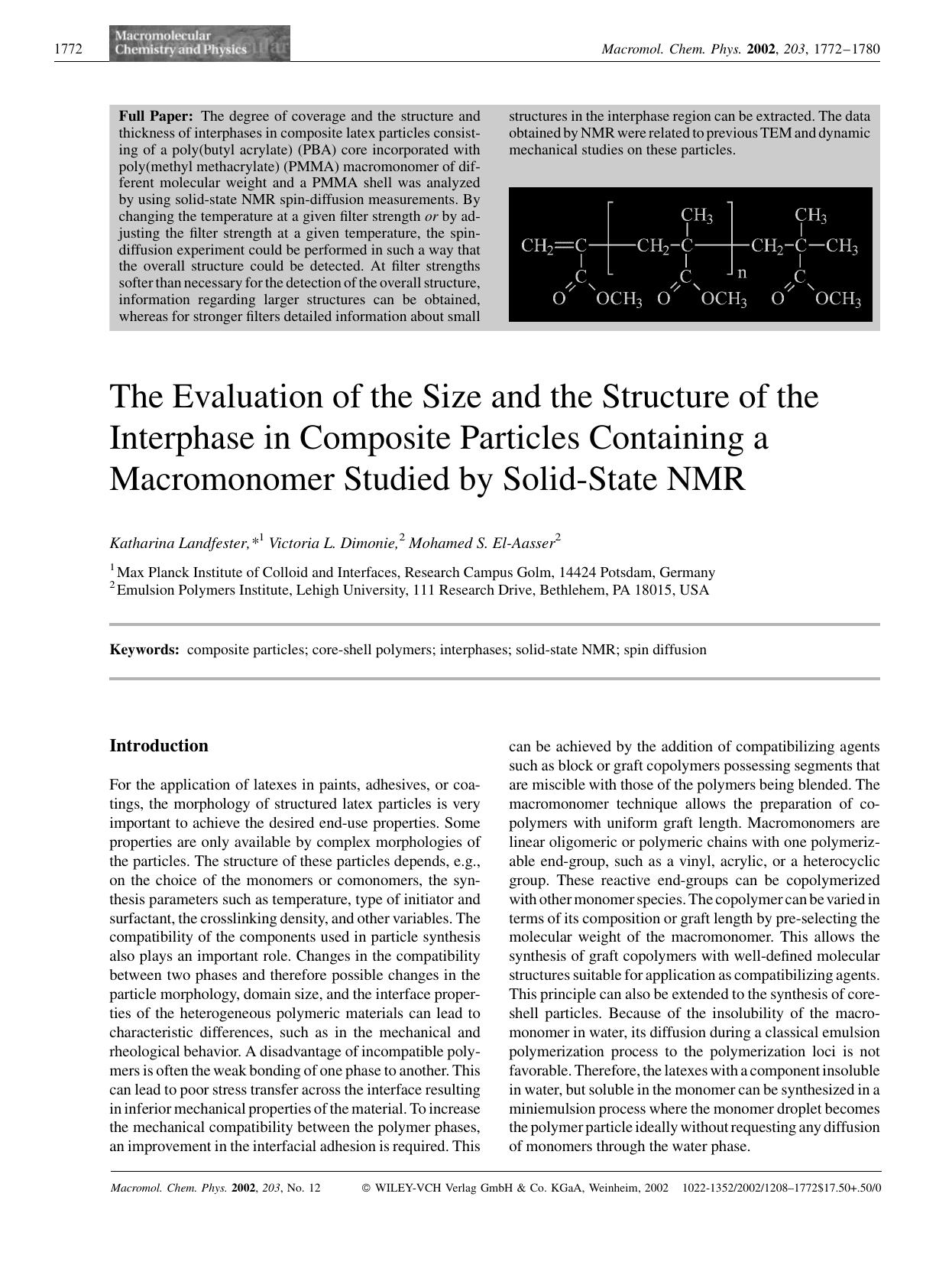 The evaluation of the size and the structure of the interphase in composite particles containing a macromonomer studied by solid-state NMR by unknow