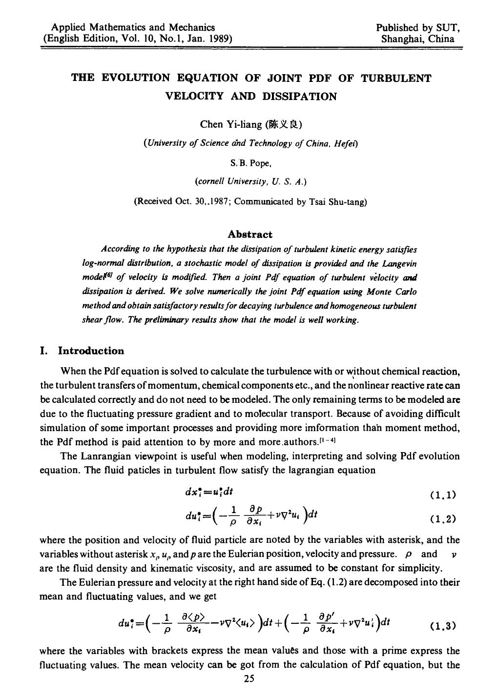 The evolution equation of joint Pdf of turbulent velocity and dissipation by Unknown