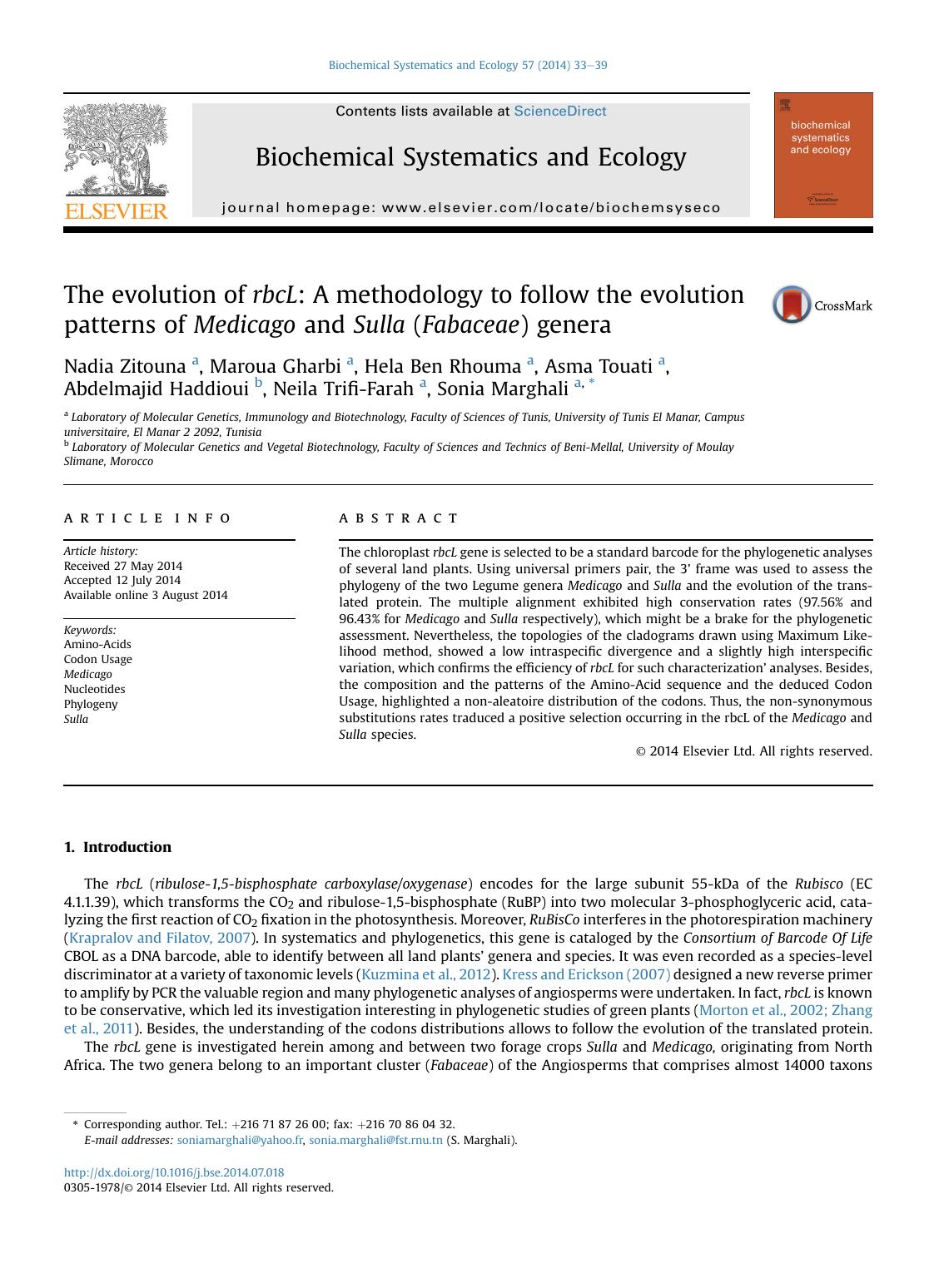 The evolution of rbcL: A methodology to follow the evolution patterns of Medicago and Sulla (Fabaceae) genera by unknow