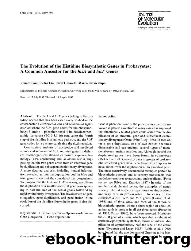 The evolution of the histidine biosynthetic genes in prokaryotes: A common ancestor for the  <Emphasis Type="Italic">hisA <Emphasis> and  <Emphasis Type="Italic">hisF <Emphasis> genes by Unknown