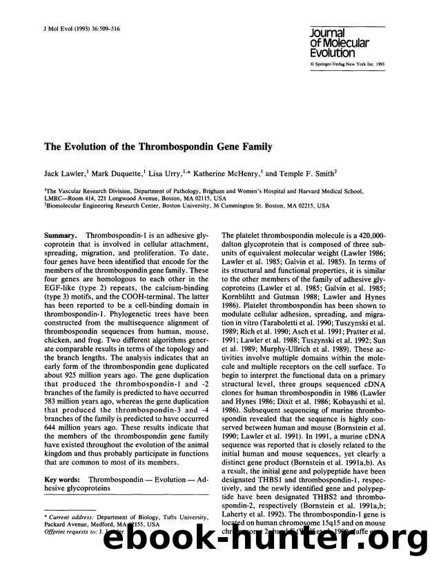 The evolution of the thrombospondin gene family by Unknown