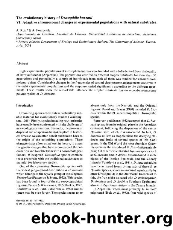 The evolutionary history of  <Emphasis Type="Italic">Drosophila buzzatii <Emphasis> VI. Adaptive chromosomal changes in experimental populations with natural substrates by Unknown