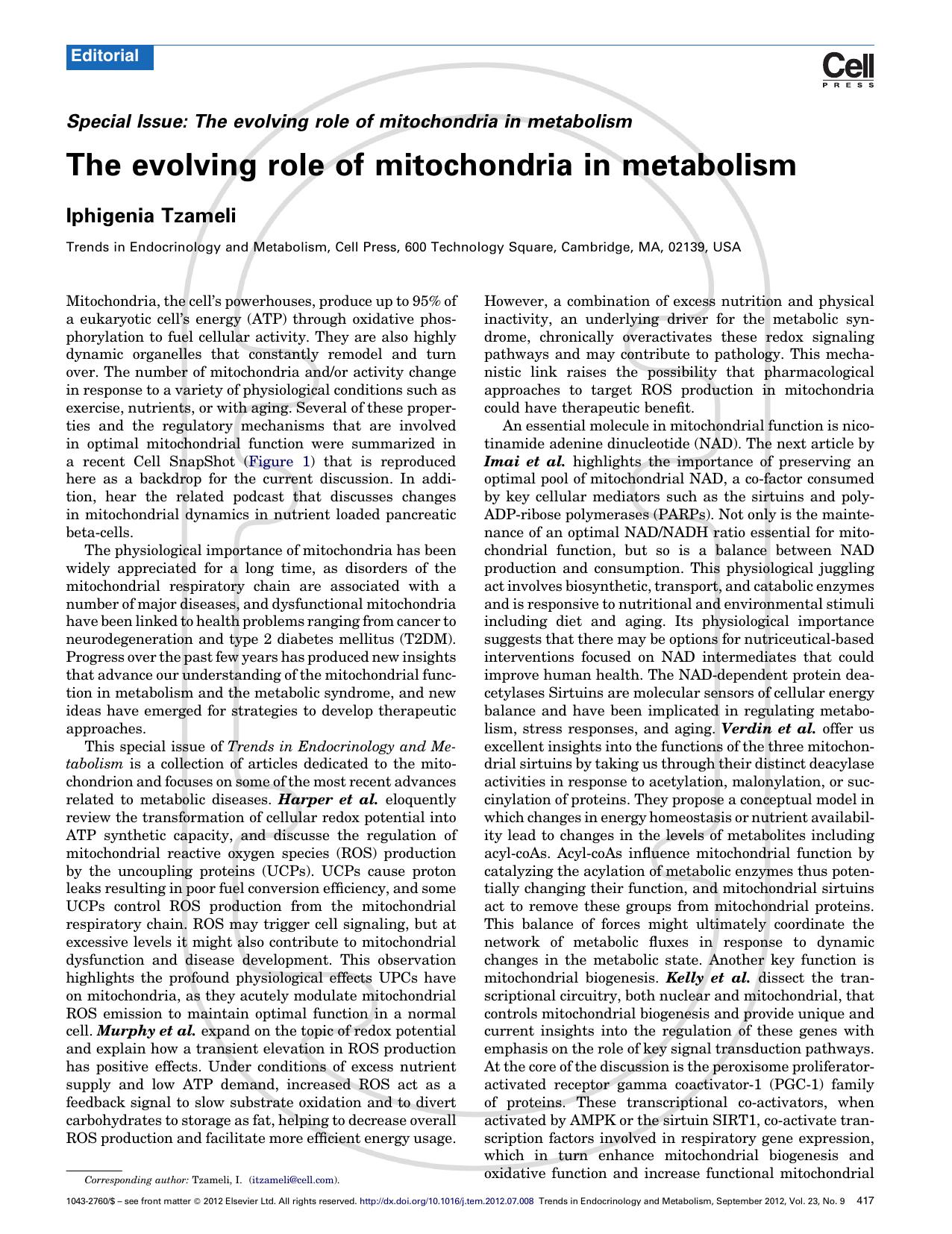 The evolving role of mitochondria in metabolism by Iphigenia Tzameli