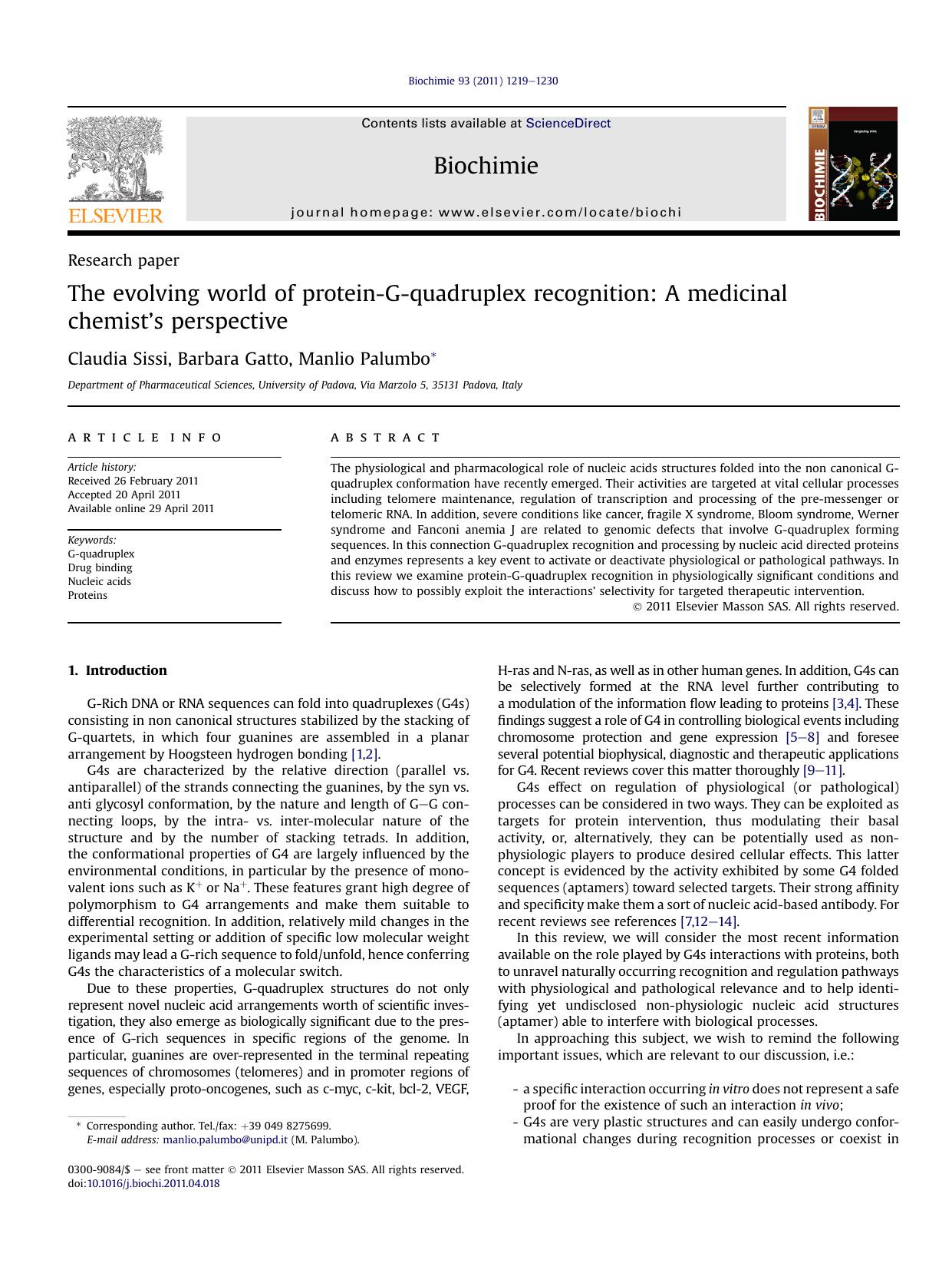 The evolving world of protein-G-quadruplex recognition: A medicinal chemist&#x2019;s perspective by Claudia Sissi & Barbara Gatto & Manlio Palumbo