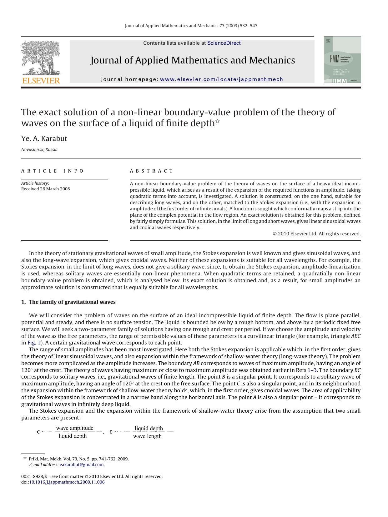 The exact solution of a non-linear boundary-value problem of the theory of waves on the surface of a liquid of finite depth by Ye. A. Karabut