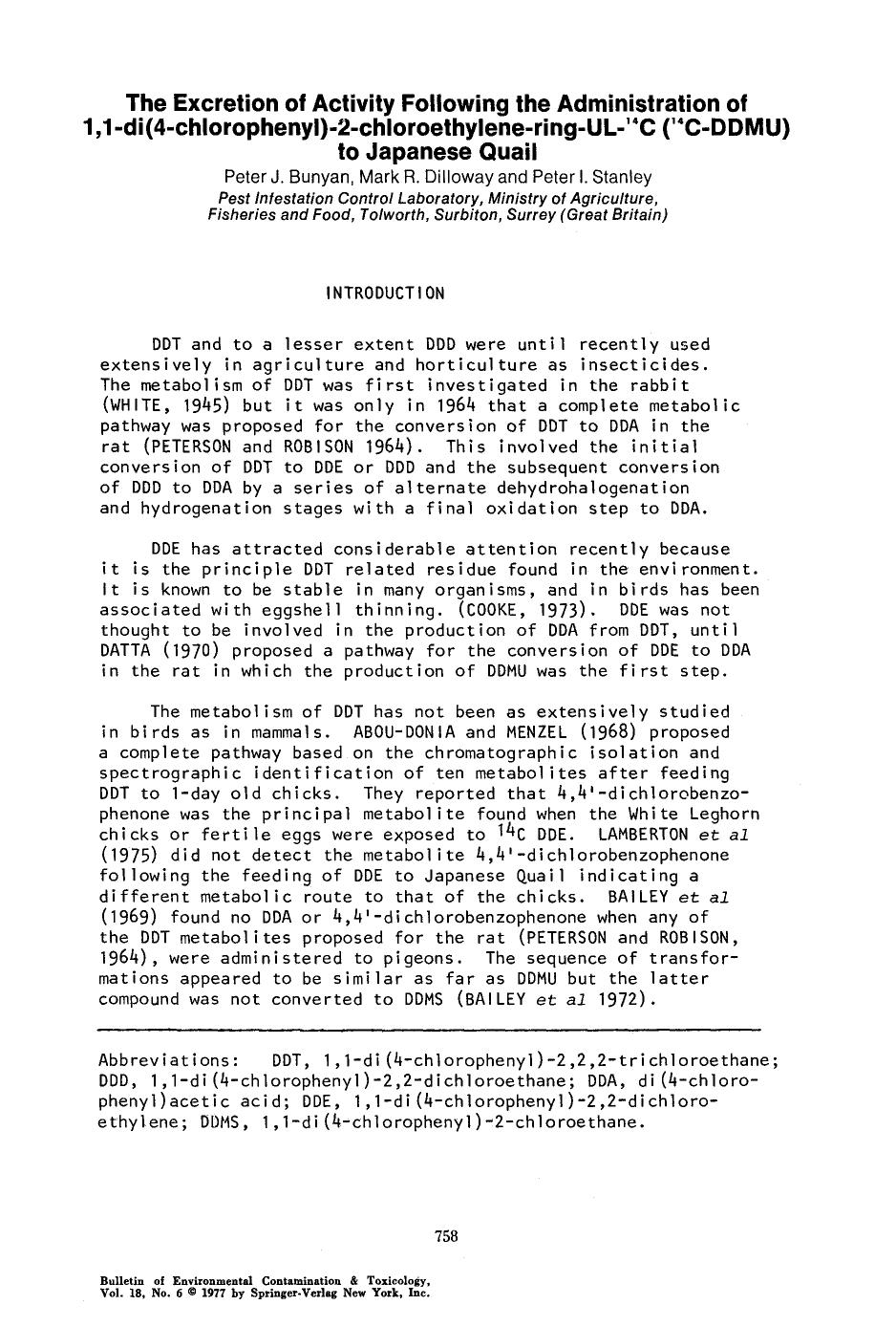 The excretion of activity following the administration of 1,1-di(4-chlorophenyl)-2-chloroethylene-ring-UL- <Superscript>14 <Superscript>C( <Superscript>14 <Superscript>C-DDMU) to Japanese quail by Unknown
