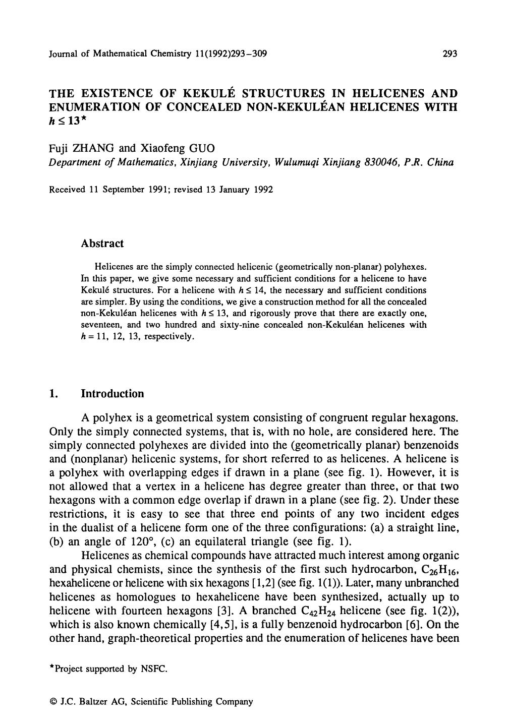 The existence of Kekul&#x00E9; structures in helicenes and enumeration of concealed non-Kekul&#x00E9;an helicenes with <Emphasis Type="Italic">h <Emphasis> &#x2264; 13 by Unknown