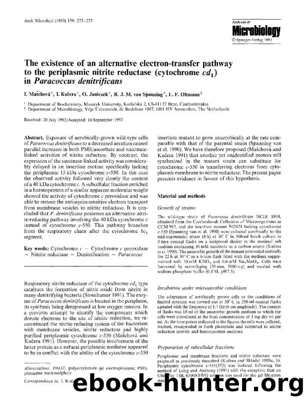 The existence of an alternative electron-transfer pathway to the periplasmic nitrite reductase (cytochrome <Emphasis Type="Italic">cd<Emphasis> <Subscript>1<Subscript>) in <Emphasi by Unknown