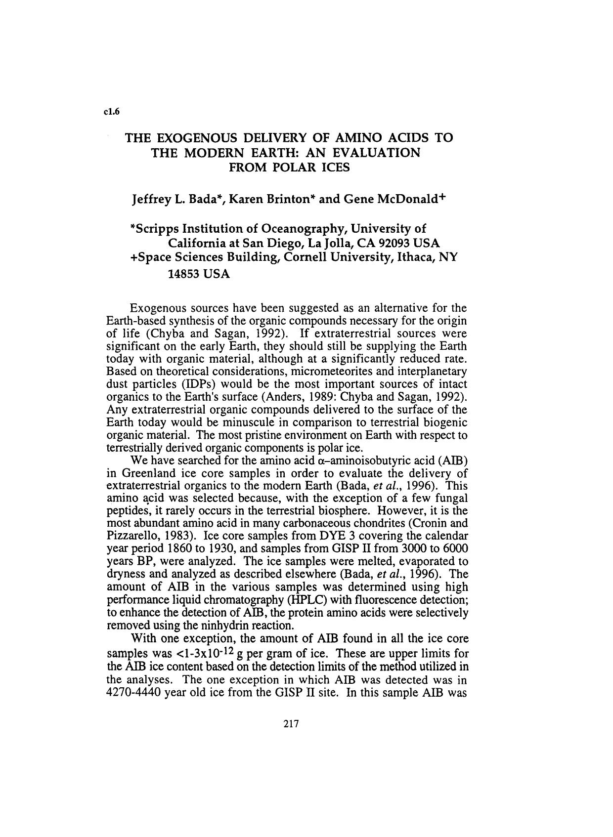The exogenous delivery of amino acids to the modern Earth: An evaluation from polar ices by Unknown