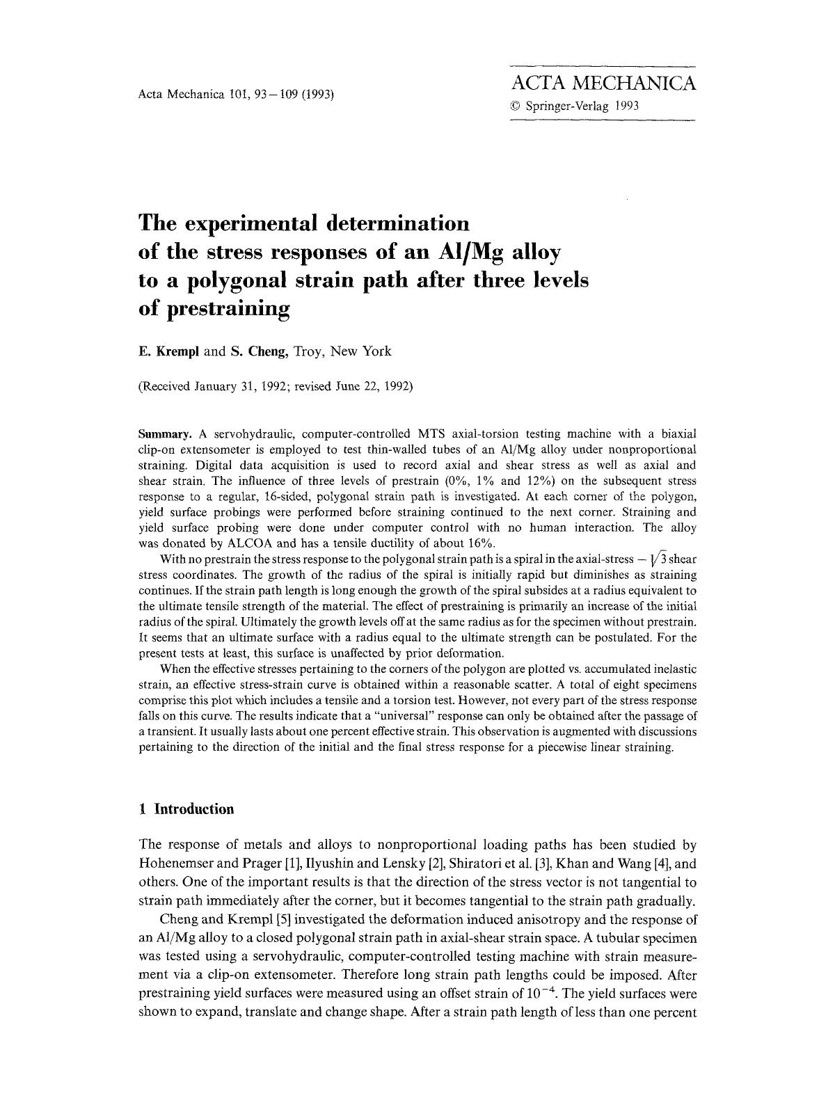 The experimental determination of the stress responses of an AlMg alloy to a polygonal strain path after three levels of prestraining by Unknown