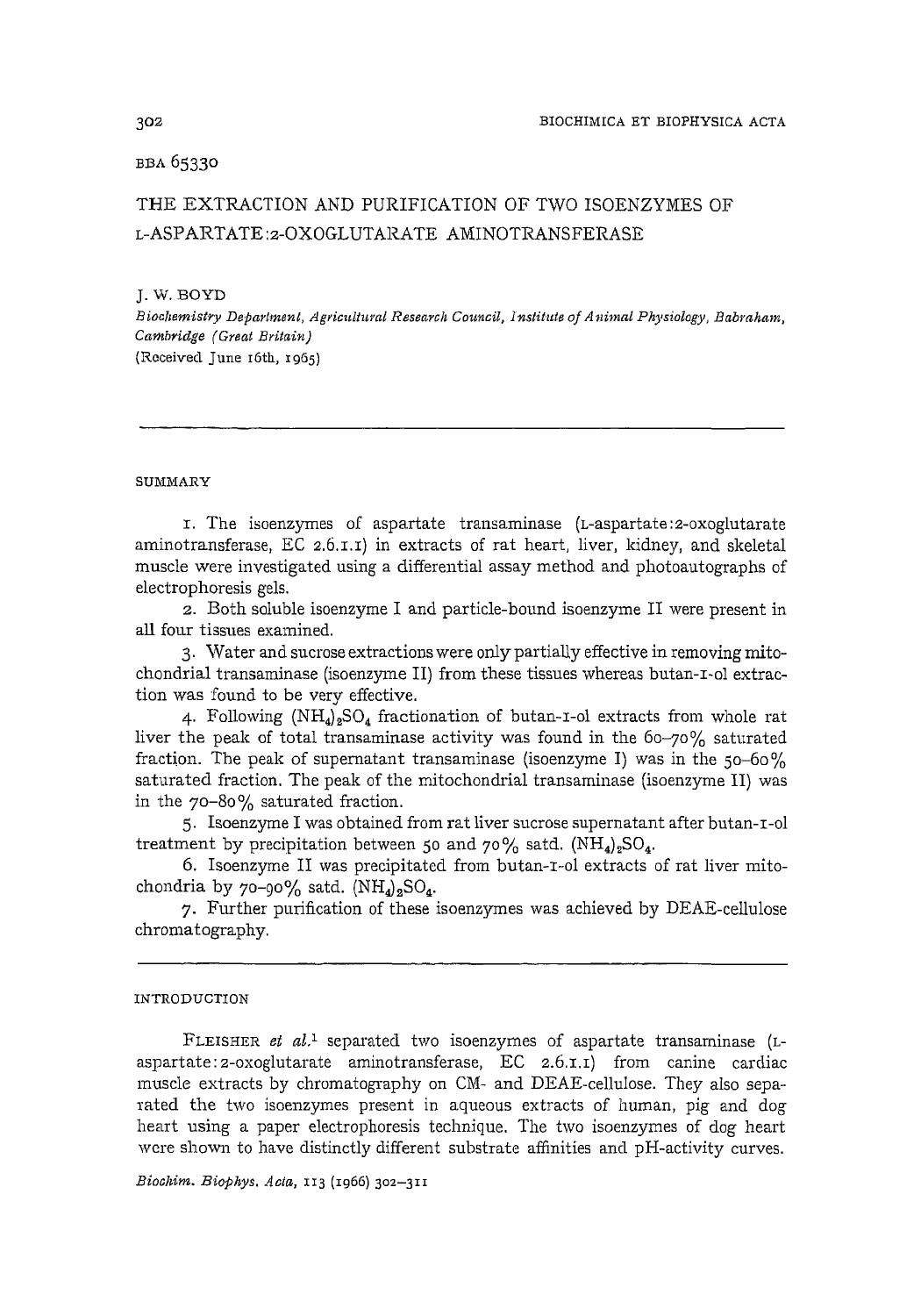 The extraction and purification of two isoenzymes of L-aspartate:2-oxoglutarate aminotransferase by J.W. Boyd