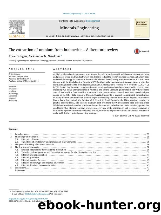 The extraction of uranium from brannerite Ã¢â¬â A literature review by Rorie Gilligan & Aleksandar N. Nikoloski