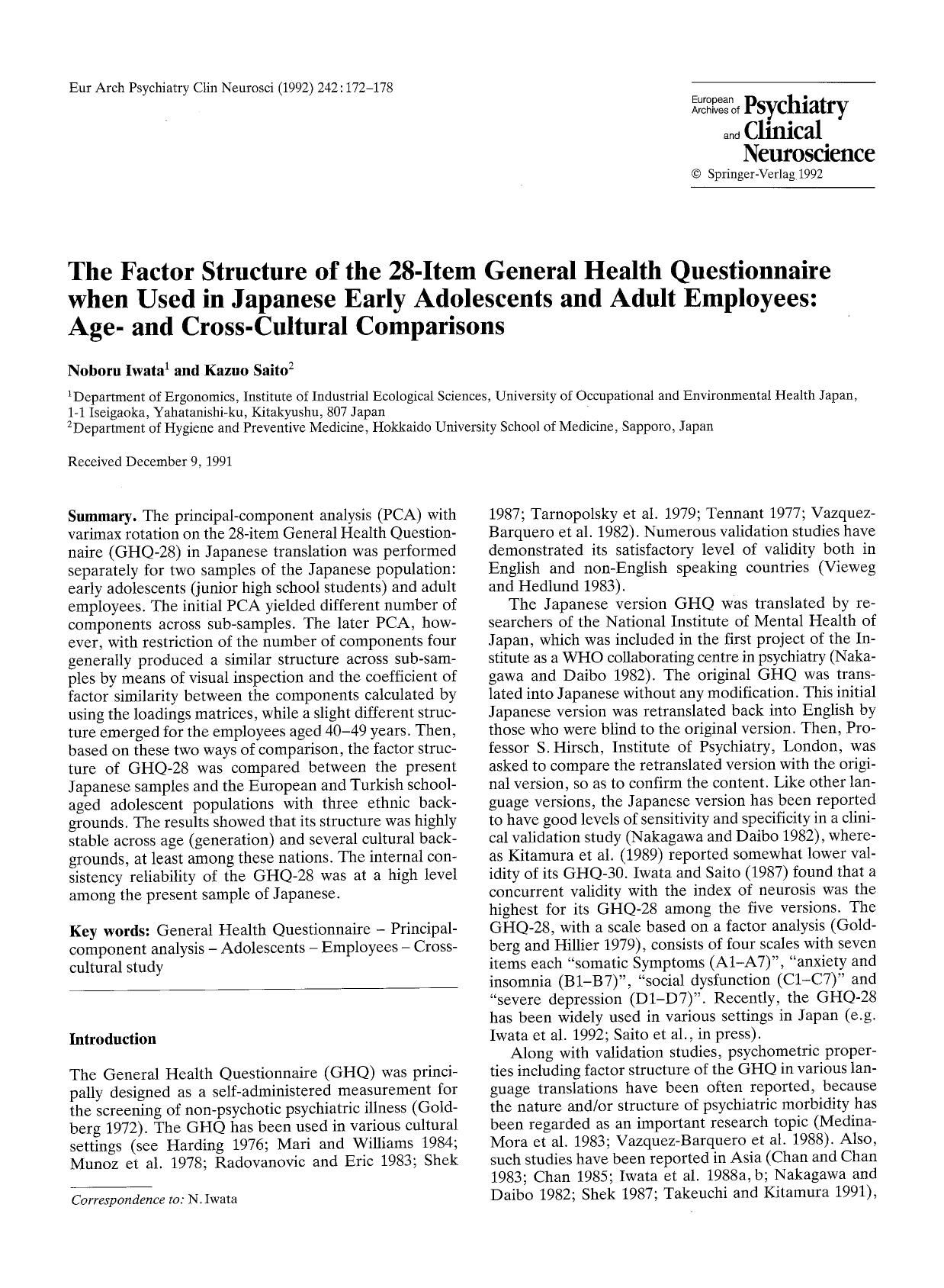The factor structure of the 28-item General Health Questionnaire when used in Japanese early adolescents and adult employees: Age- and cross-cultural comparisons by Unknown