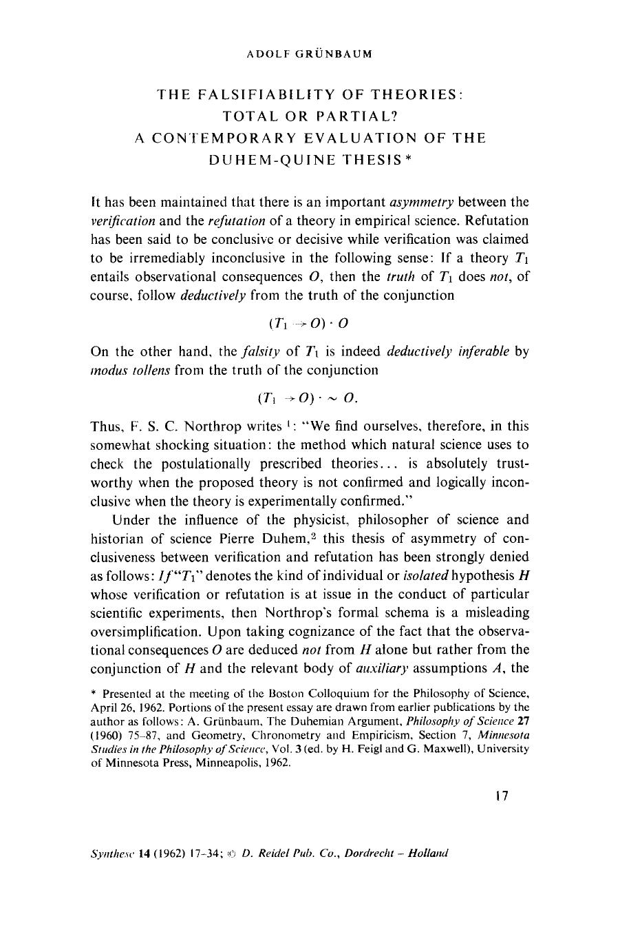 The falsifiability of theories: Total or partial? A contemporary evaluation of the Duhem-Quine thesis by Unknown