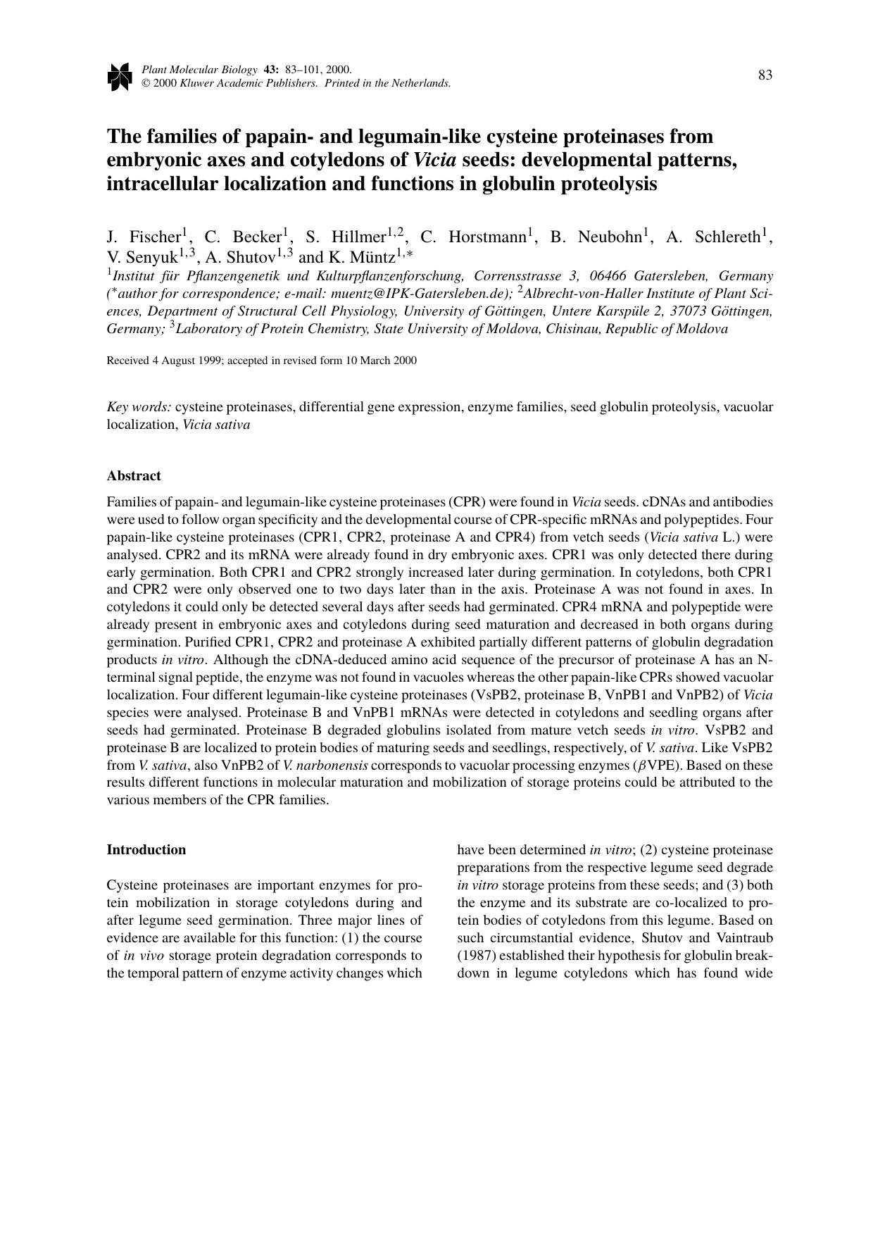 The families of papain- and legumain-like cysteine proteinases from embryonic axes and cotyledons of Vicia seeds: developmental patterns, intracellular localization and functions i by Unknown