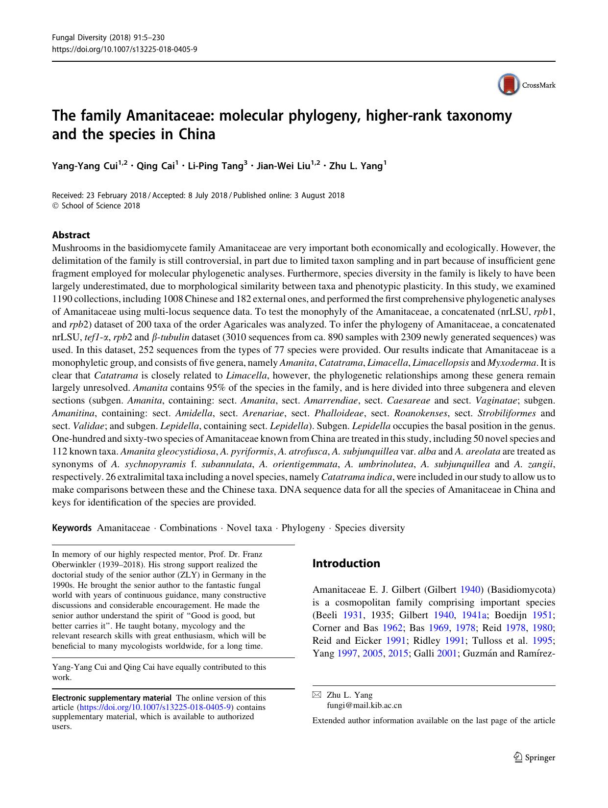 The family Amanitaceae: molecular phylogeny, higher-rank taxonomy and the species in China by Yang-Yang Cui & Qing Cai & Li-Ping Tang & Jian-Wei Liu & Zhu L. Yang