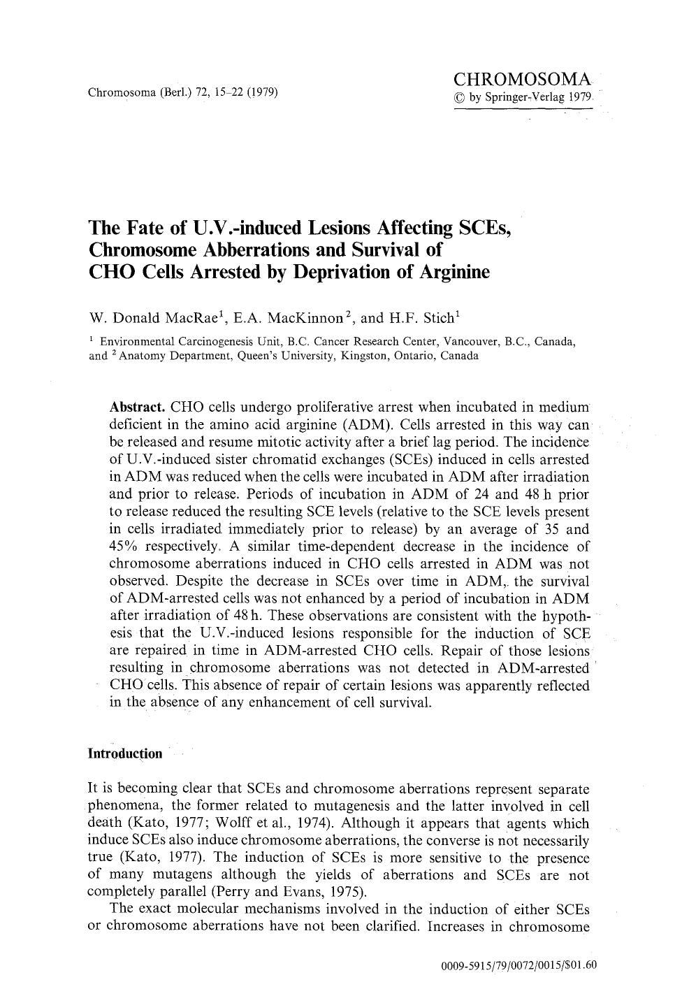 The fate of U.V.-induced lesions affecting SCEs, chromosome abberrations and survival of CHO cells arrested by deprivation of arginine by Unknown