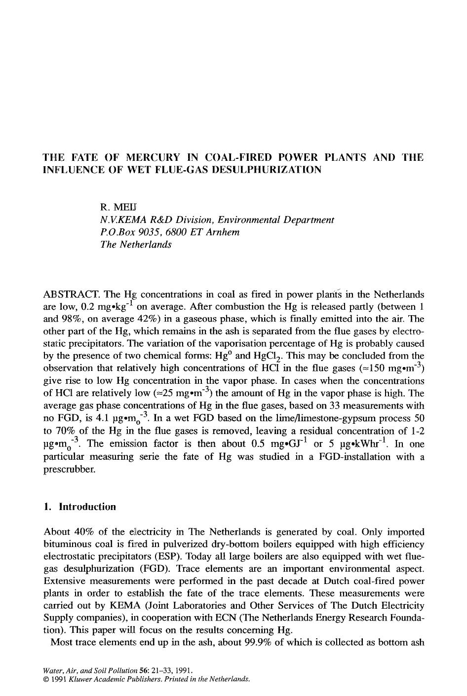 The fate of mercury in coal-fired power plants and the influence of wet flue-gas desulphurization by Unknown