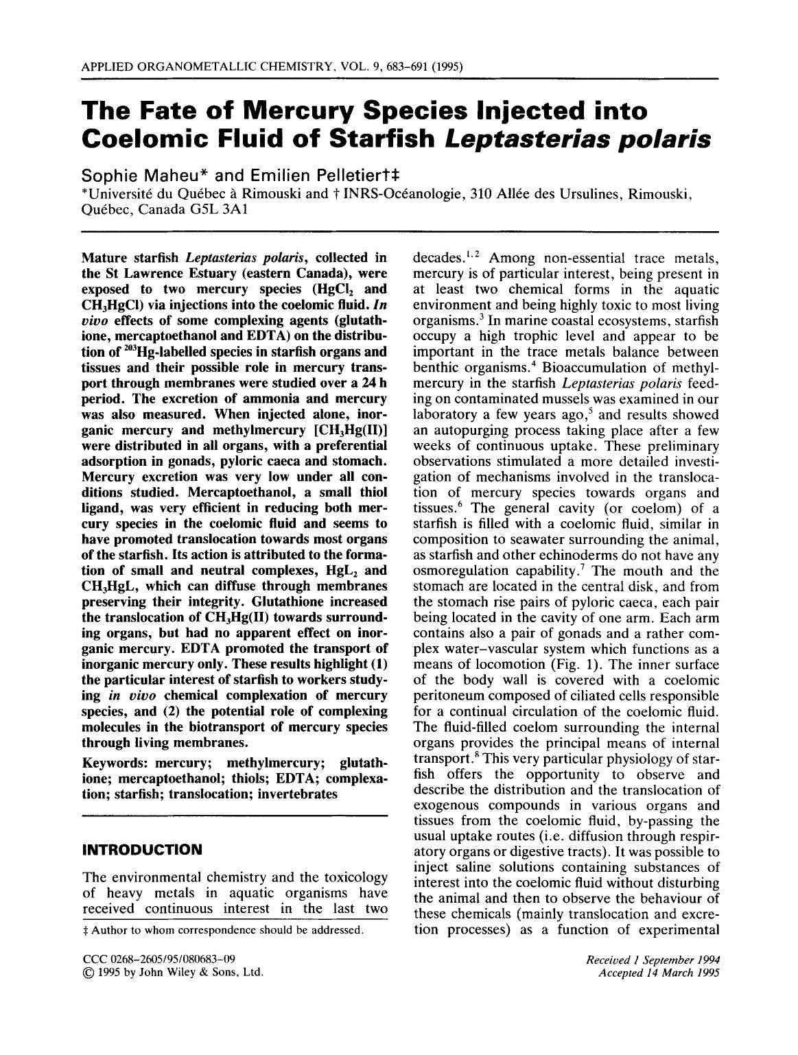 The fate of mercury species injected into coelomic fluid of starfish Leptasterias polaris by Unknown
