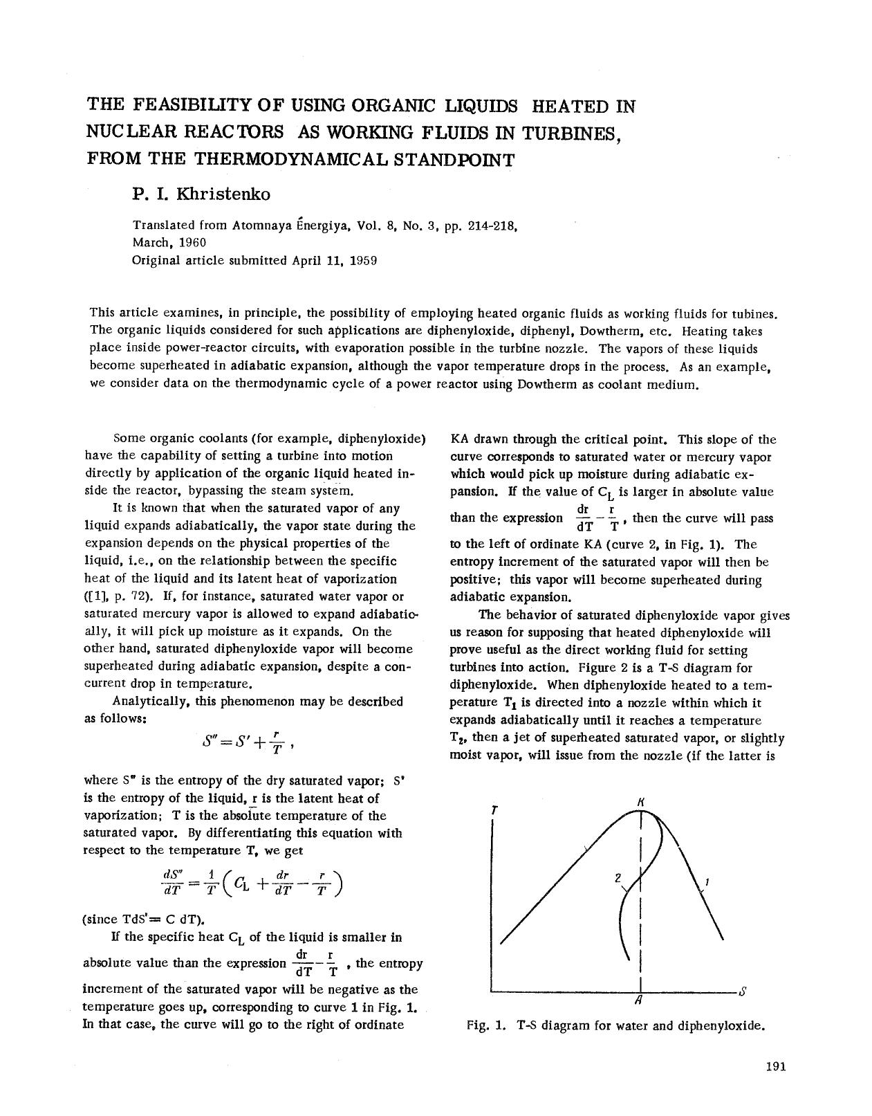 The feasibility of using organic liquids heated in nuclear reactors as working fluids in turbines, from the thermodynamical standpoint by Unknown
