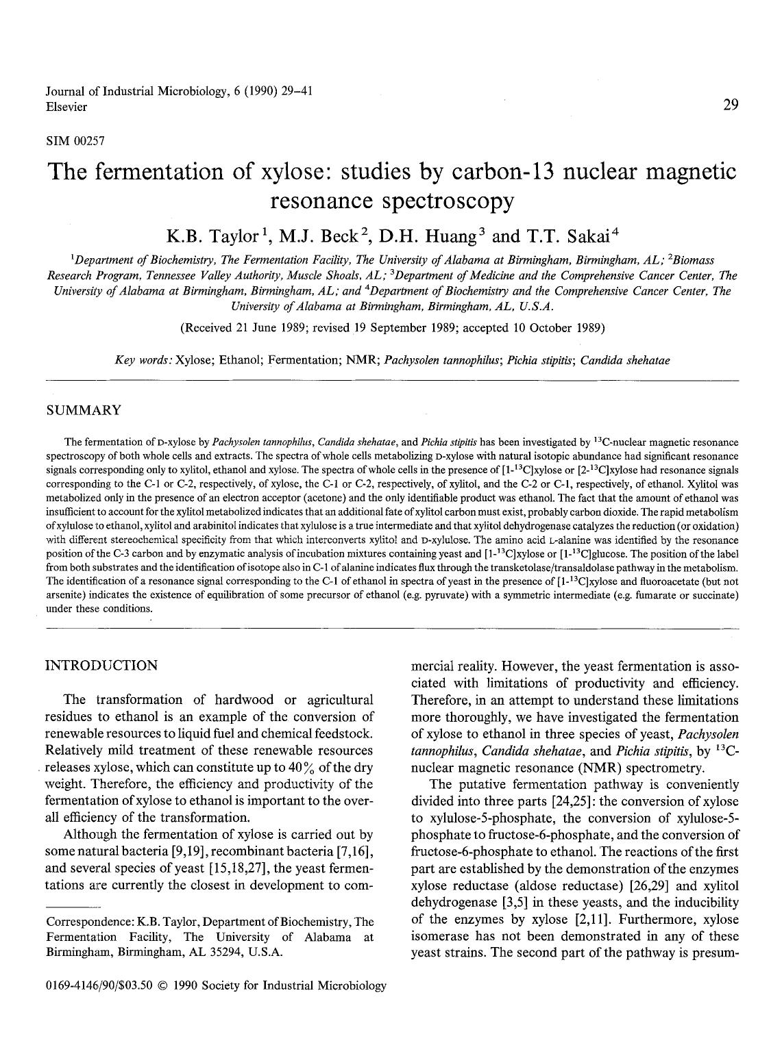The fermentation of xylose: studies by carbon-13 nuclear magnetic resonance spectroscopy by Unknown