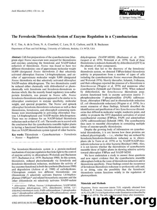 The ferredoxinthioredoxin system of enzyme regulation in a cyanobacterium by Unknown