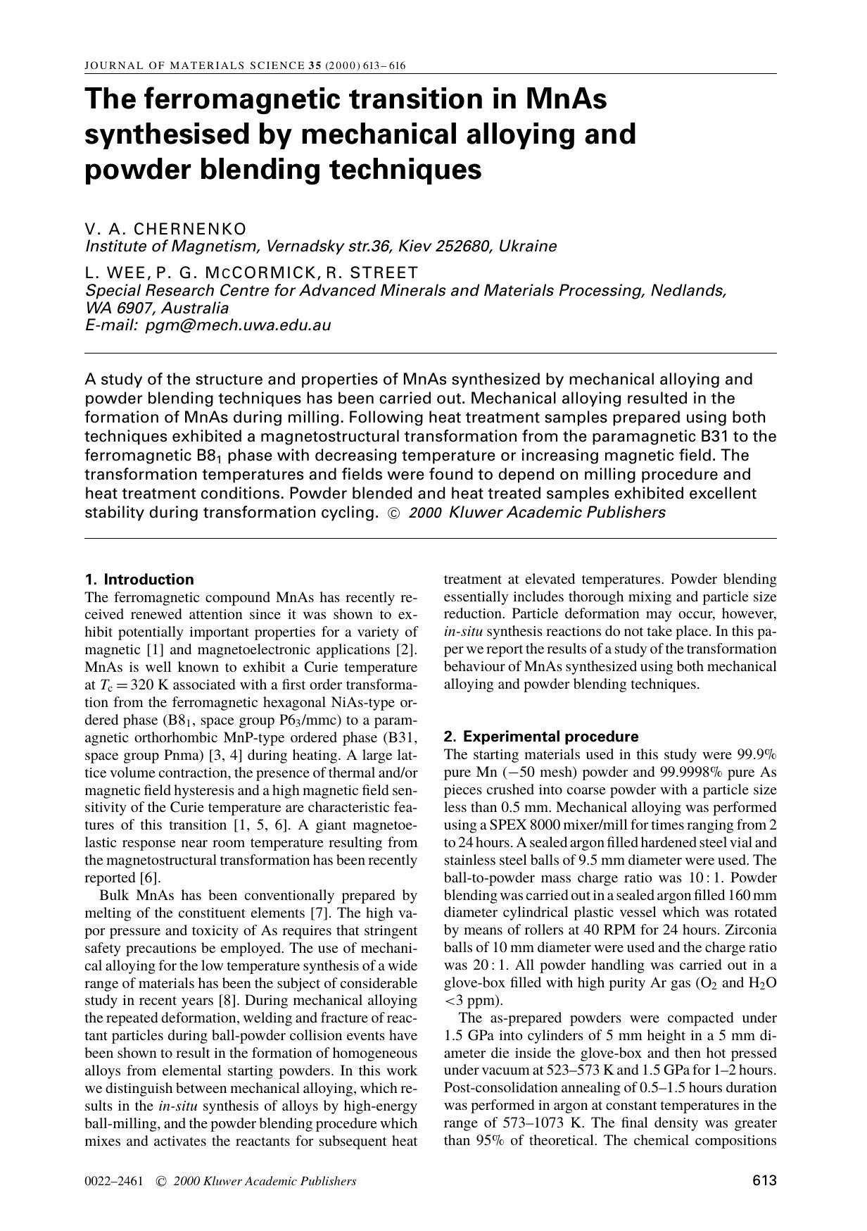 The ferromagnetic transition in MnAs synthesised by mechanical alloying and powder blending techniques by Unknown
