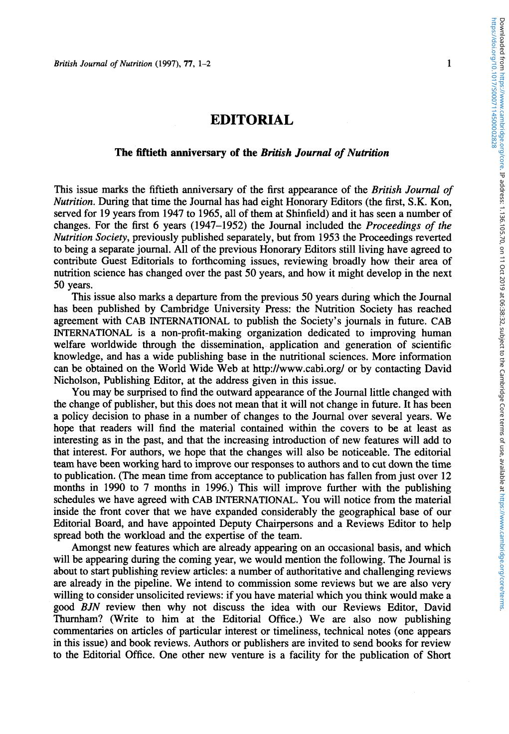 The fiftieth anniversary of the British Journal of Nutrition by Keith N. Frayn Ian E. Sambrook David C. Nicholson